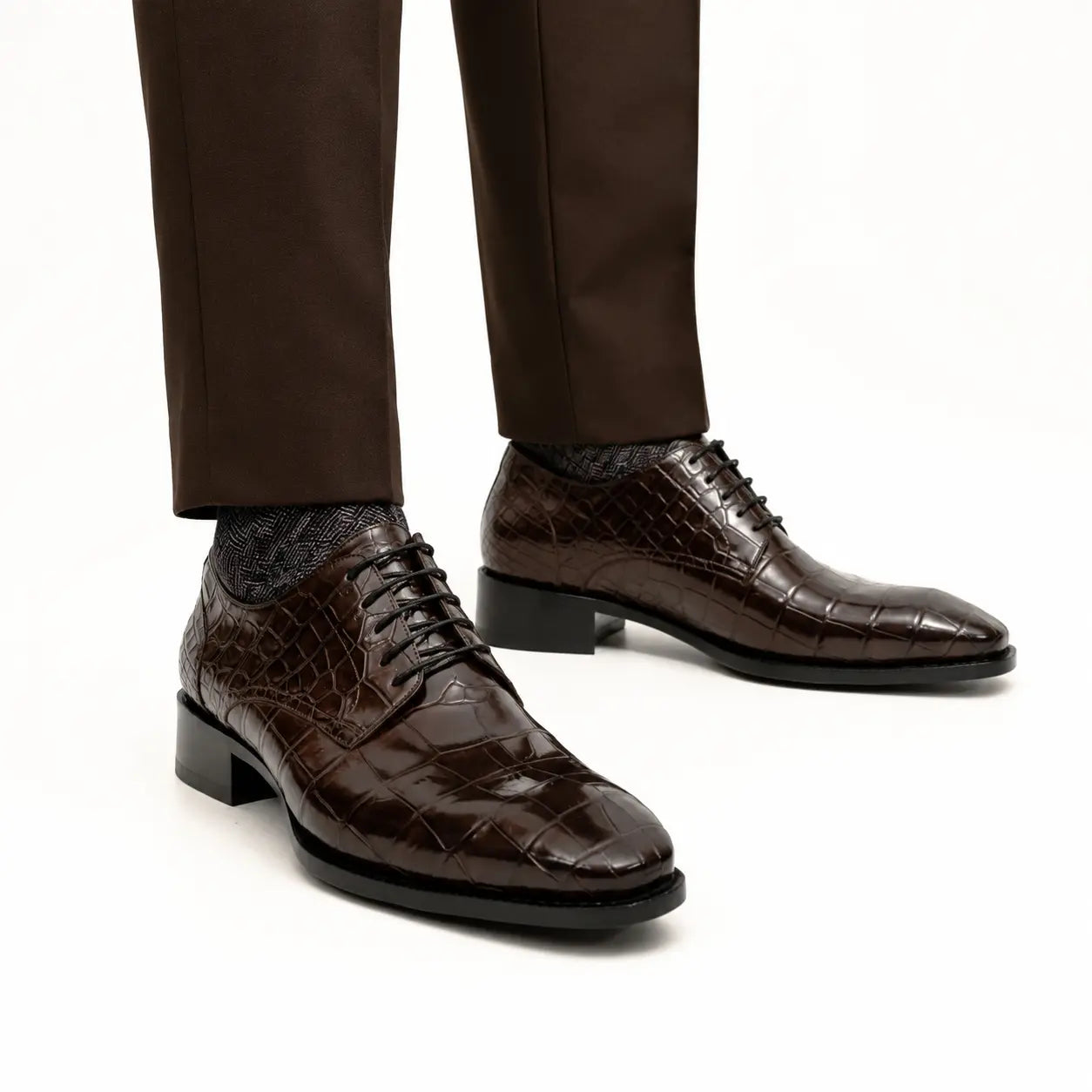 Dark Brown Crocodile-Textured Derby