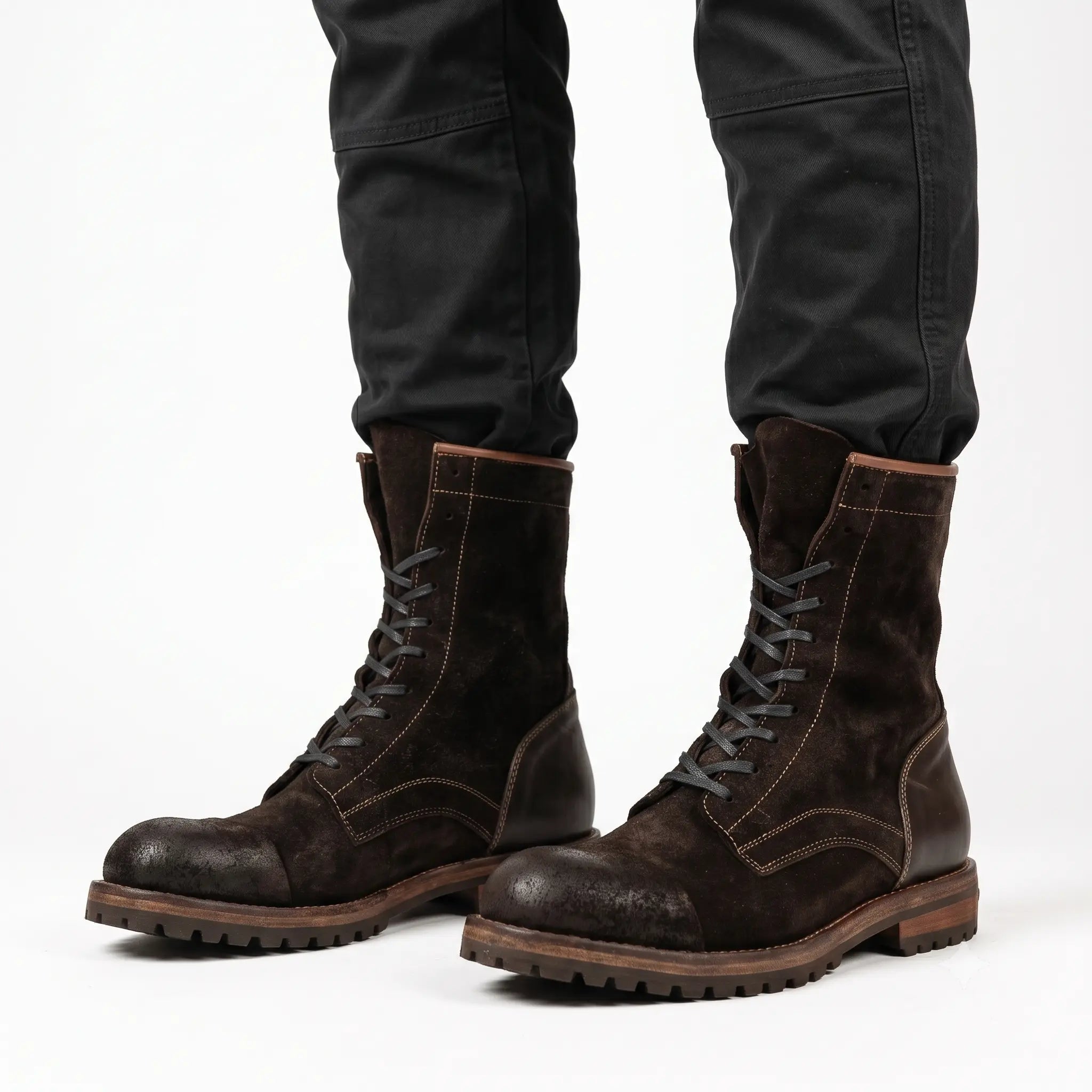 Dark Brown Suede Lace-Up Combat Boots