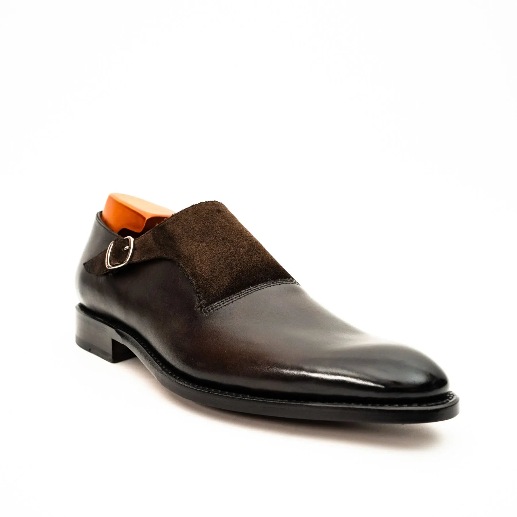 Dark Brown Suede-Panel Monk Shoe