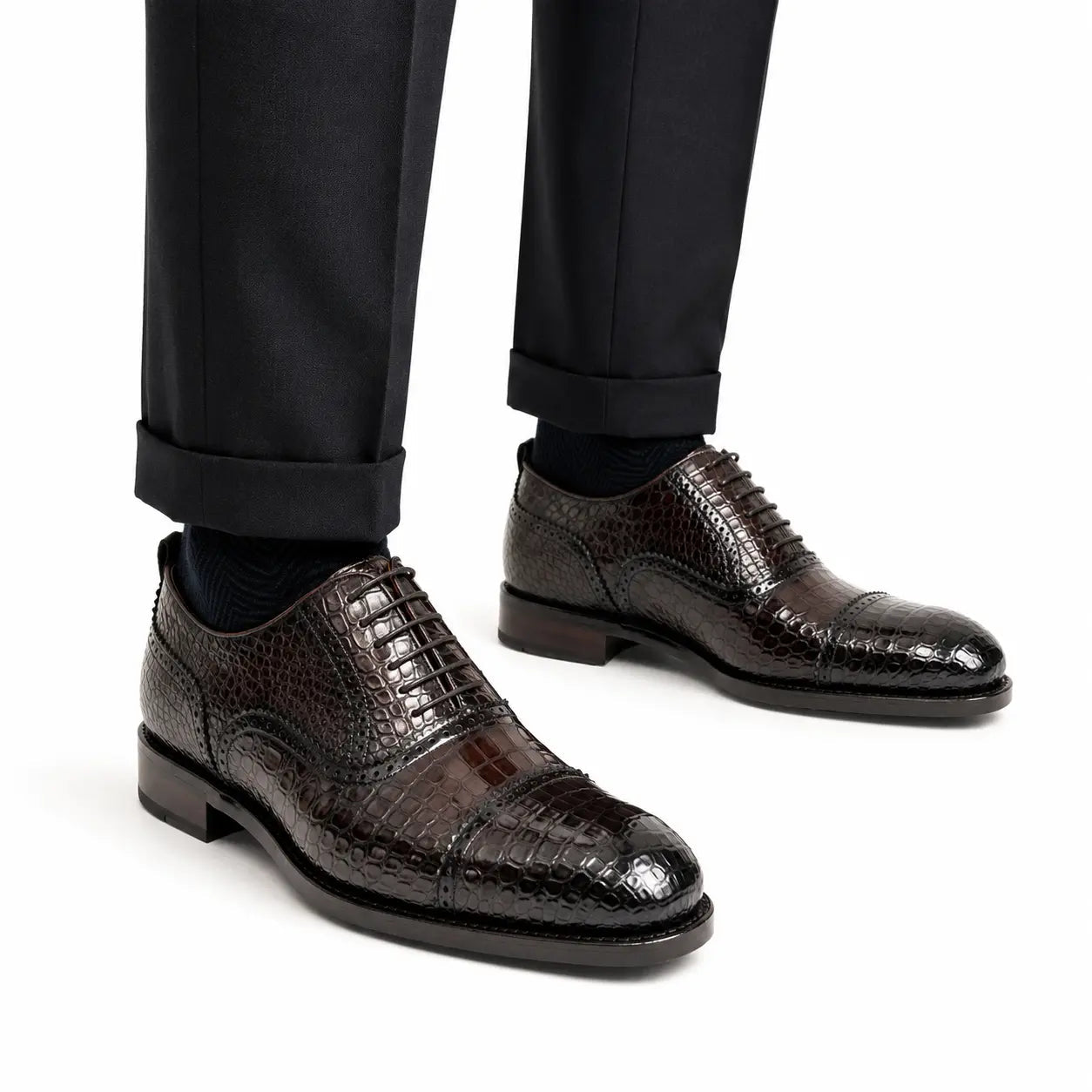 Dark Croc-Embossed Cap-Toe Oxford