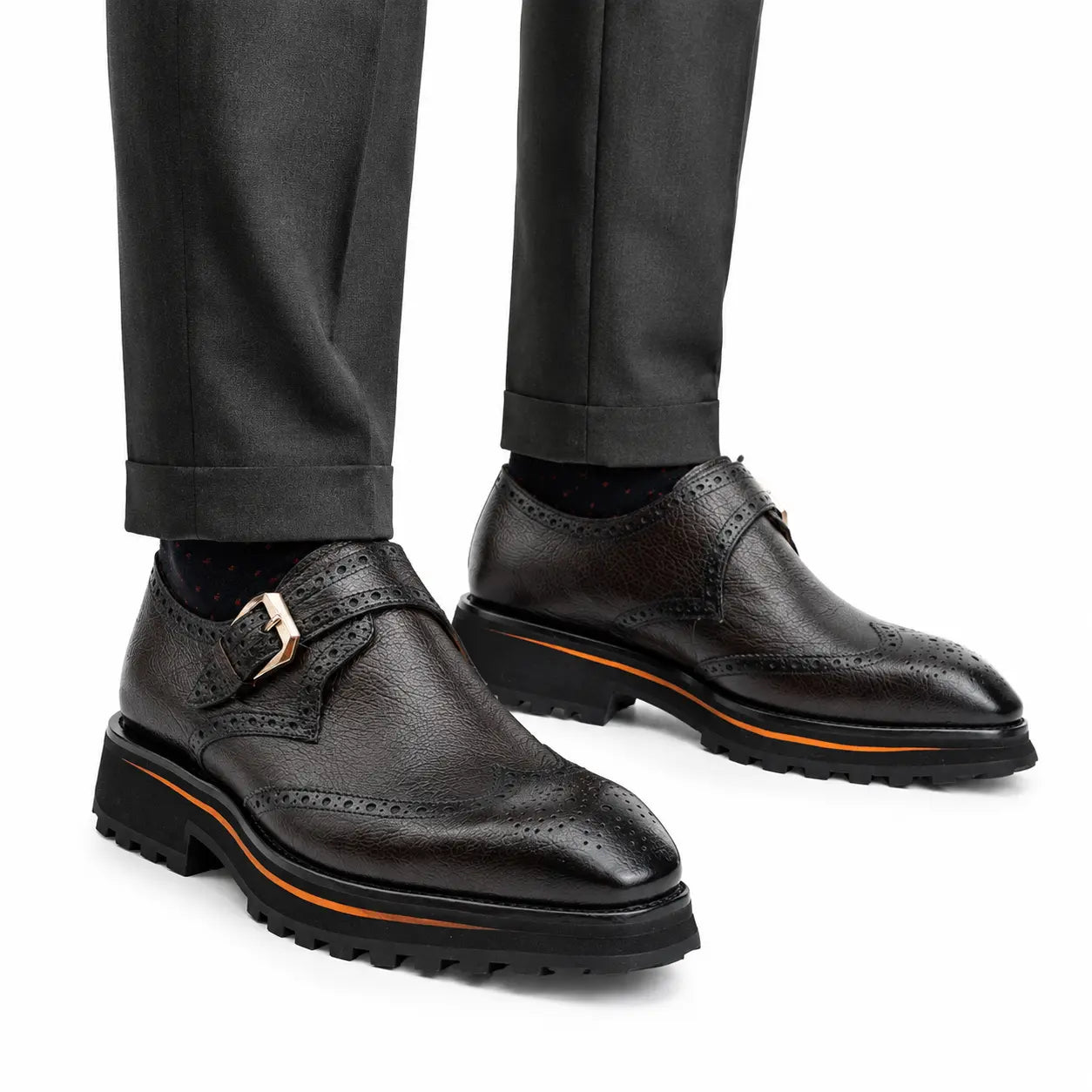 Dark Monk Strap Brogue Lift Shoe