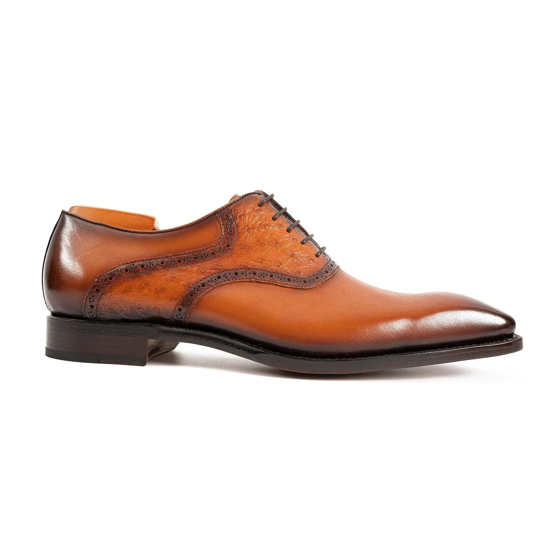 Cognac Ostrich-Trim Oxford Shoe