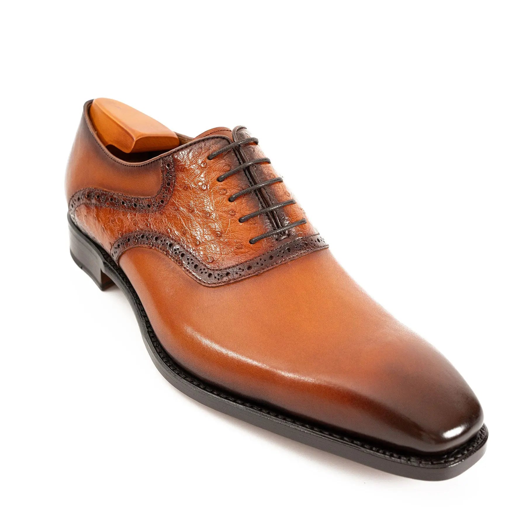 Cognac Ostrich-Trim Oxford Shoe