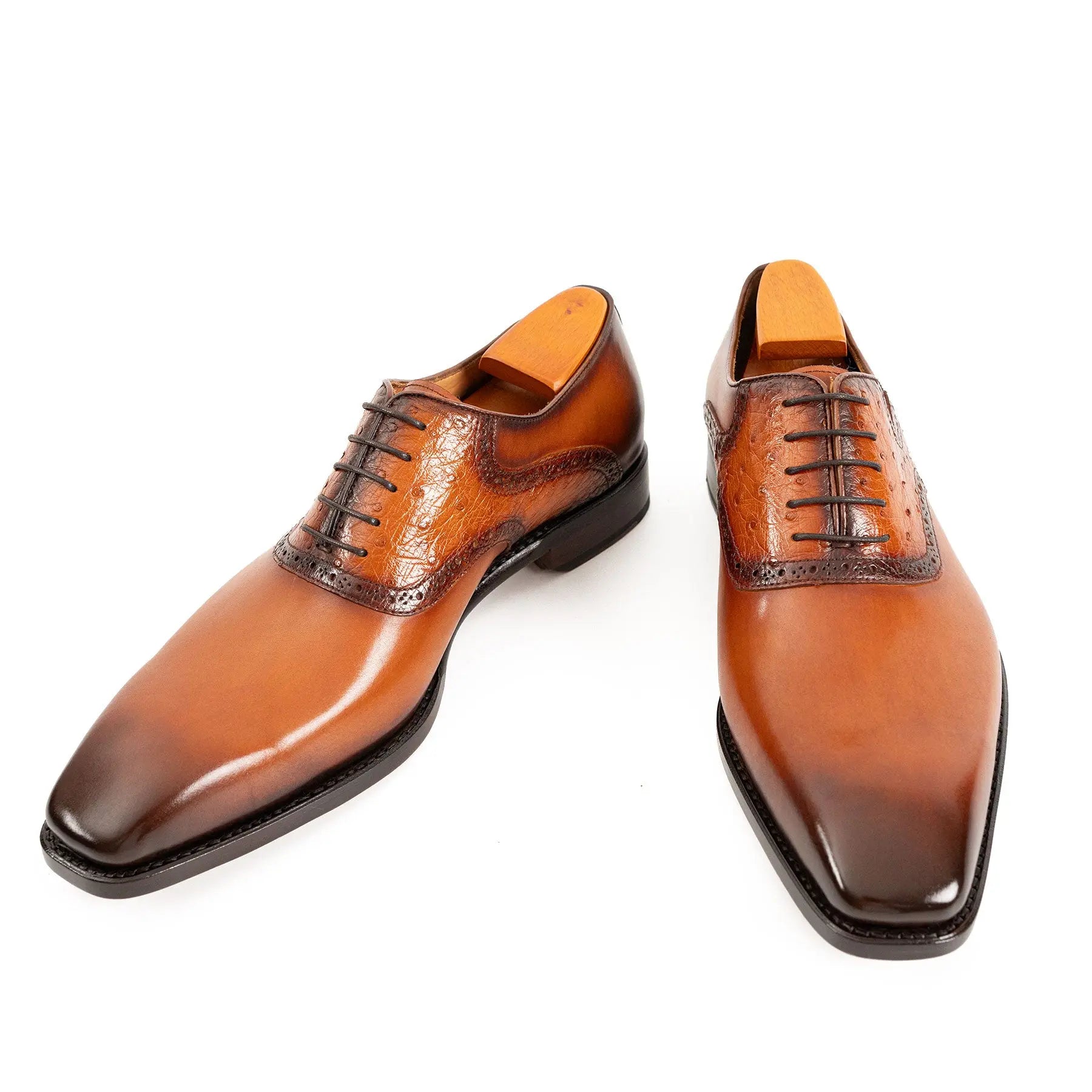 Cognac Ostrich-Trim Oxford Shoe