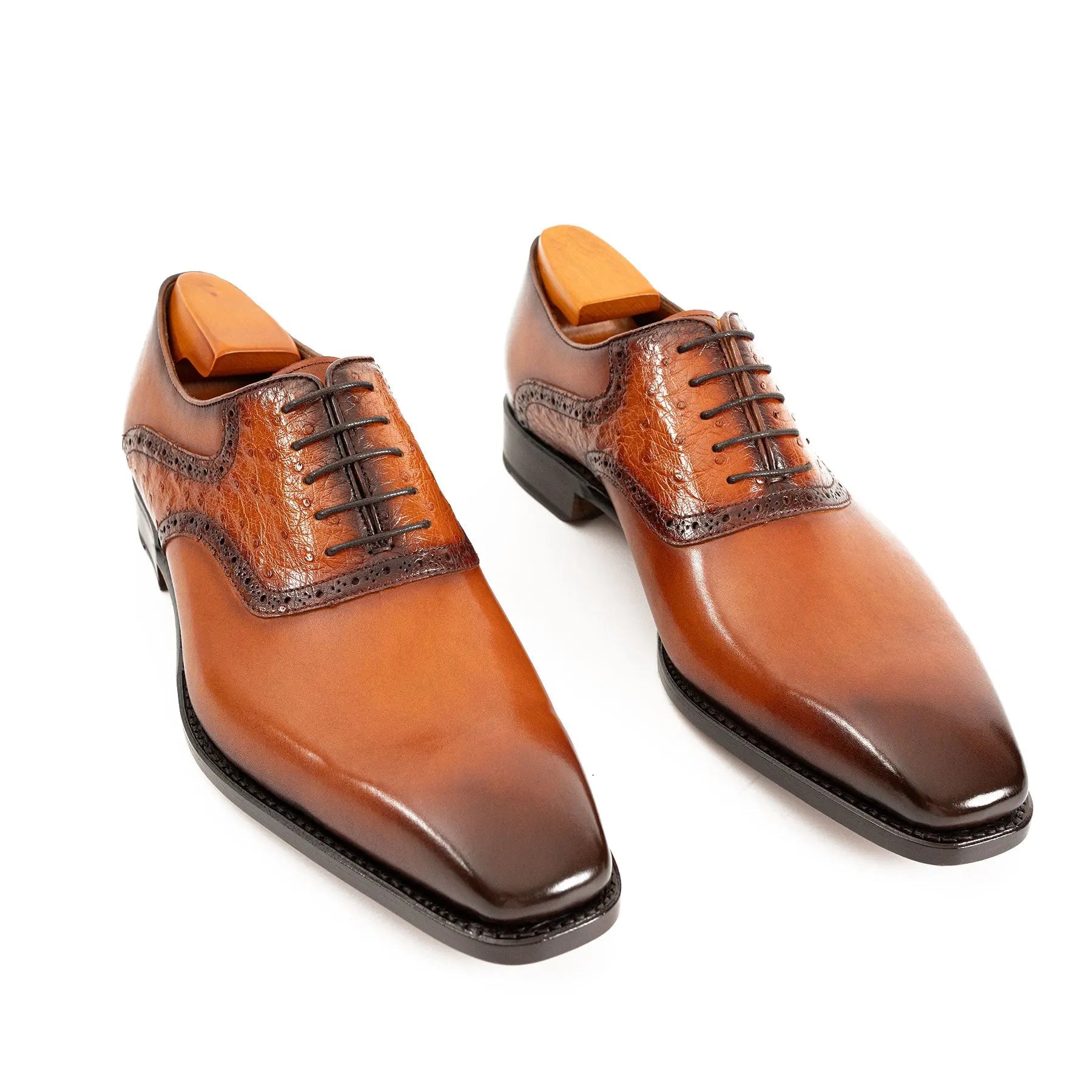 Cognac Ostrich-Trim Oxford Shoe
