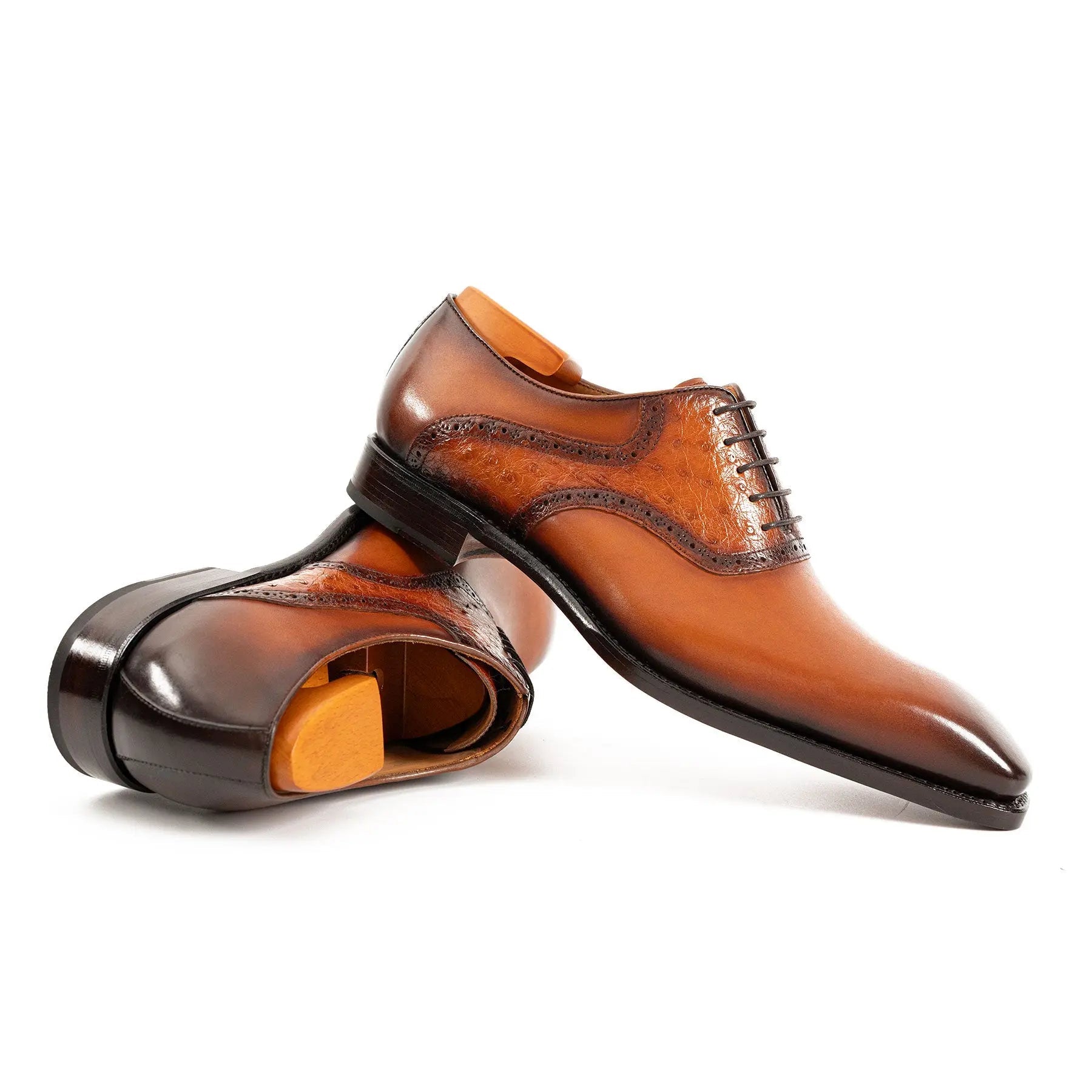 Cognac Ostrich-Trim Oxford Shoe
