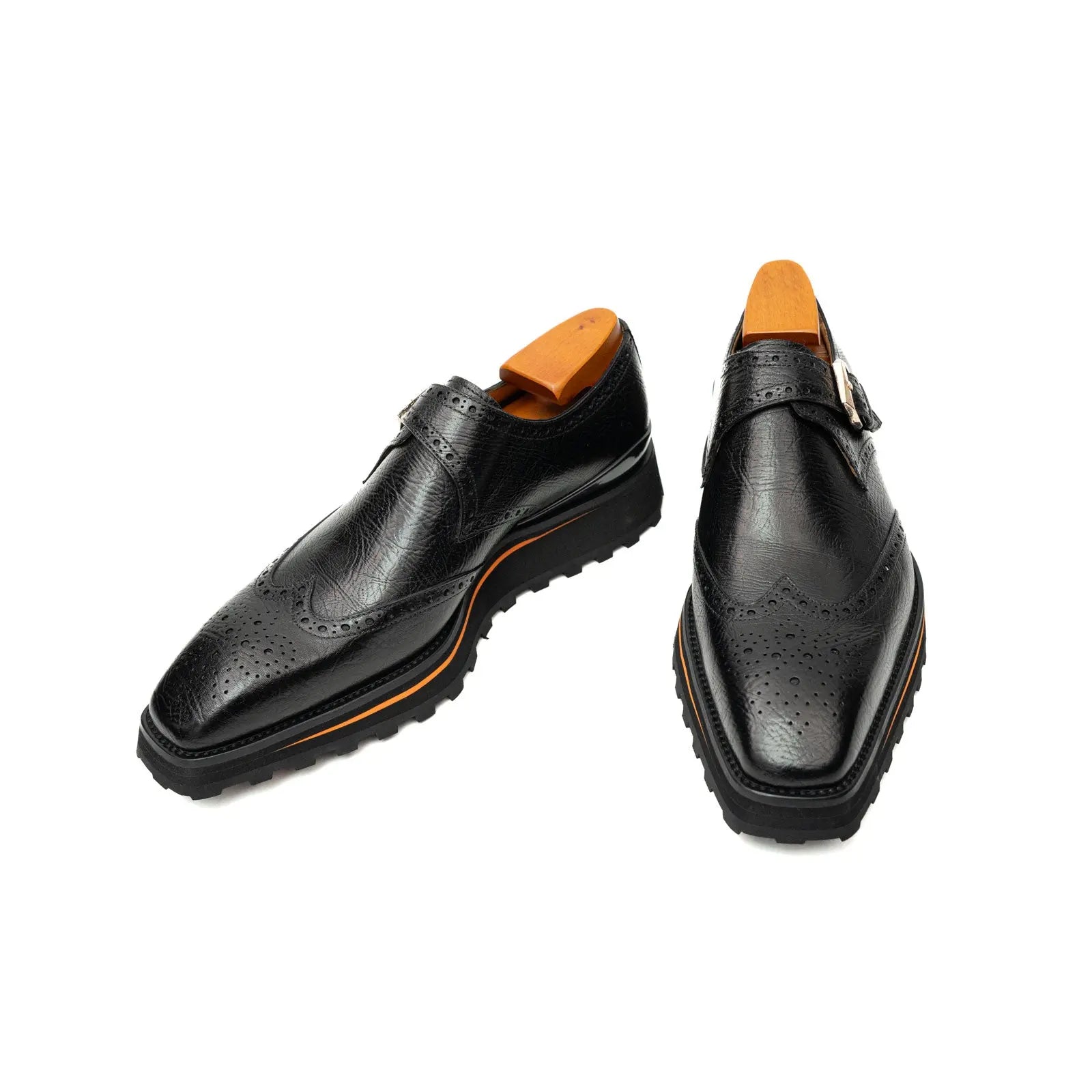 Black Brogued Monk Shoes with Lug Sole