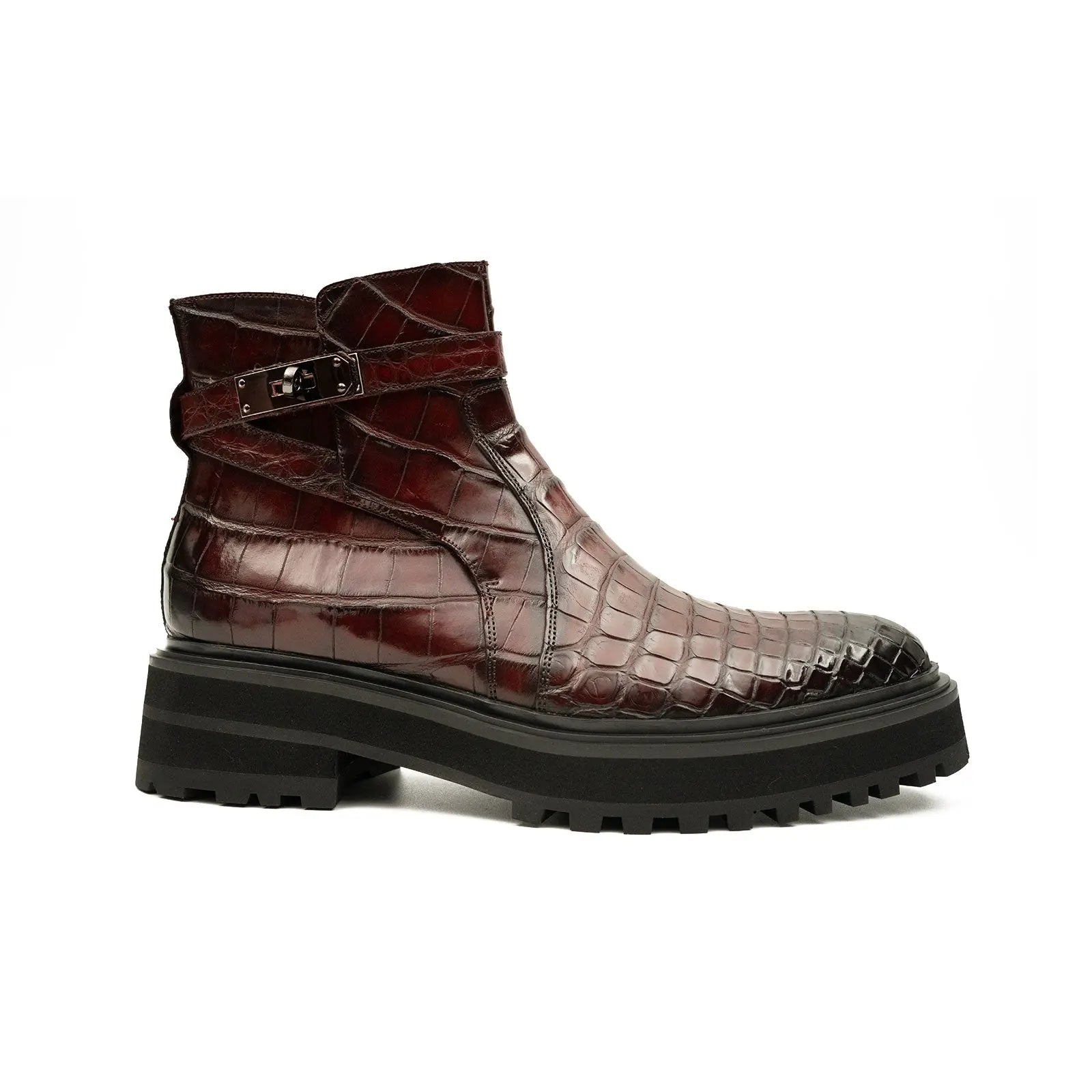 Burgundy Crocodile Chelsea Boots with Buckle
