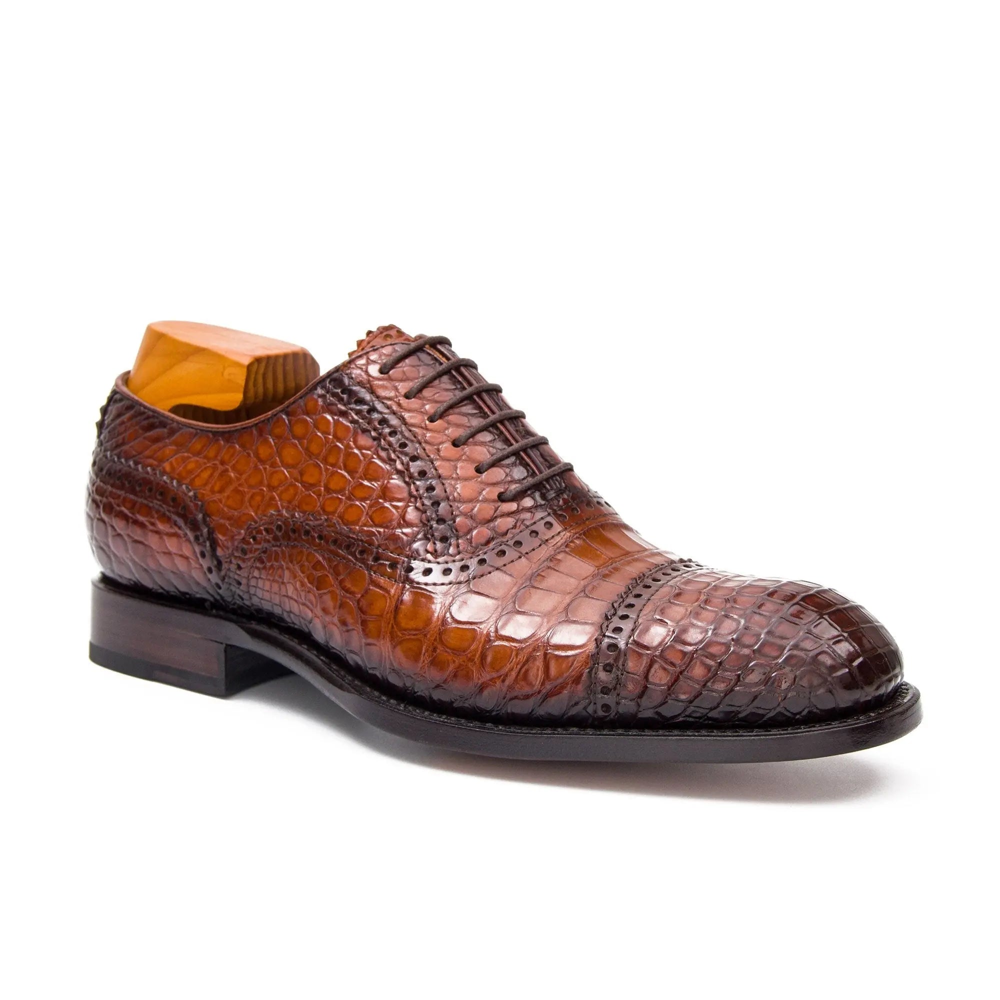 Cognac Crocodile Cap-Toe Oxford