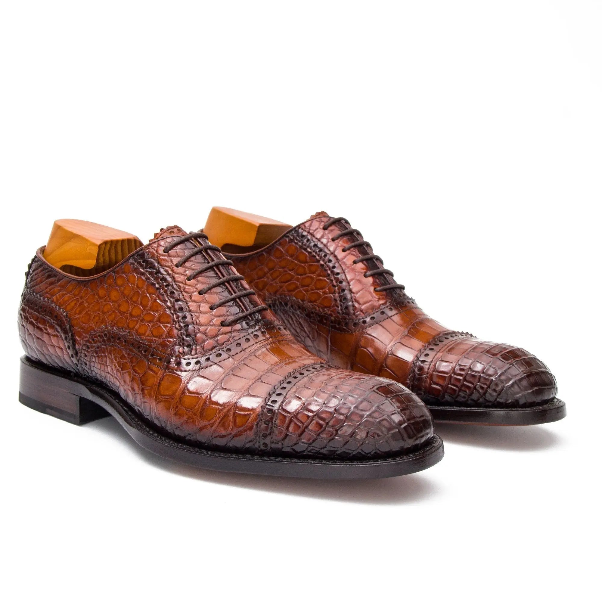 Cognac Crocodile Cap-Toe Oxford
