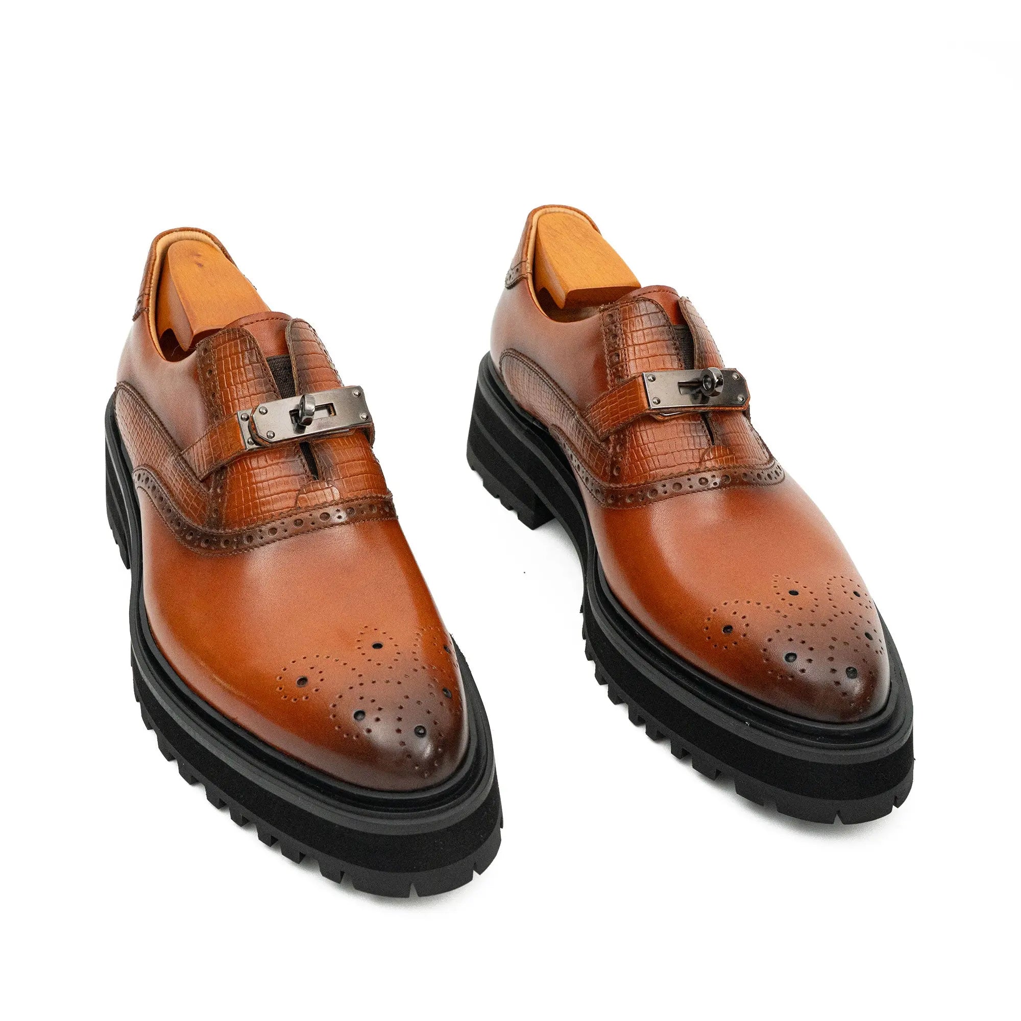 Cognac Croc-Trim Lug Loafer