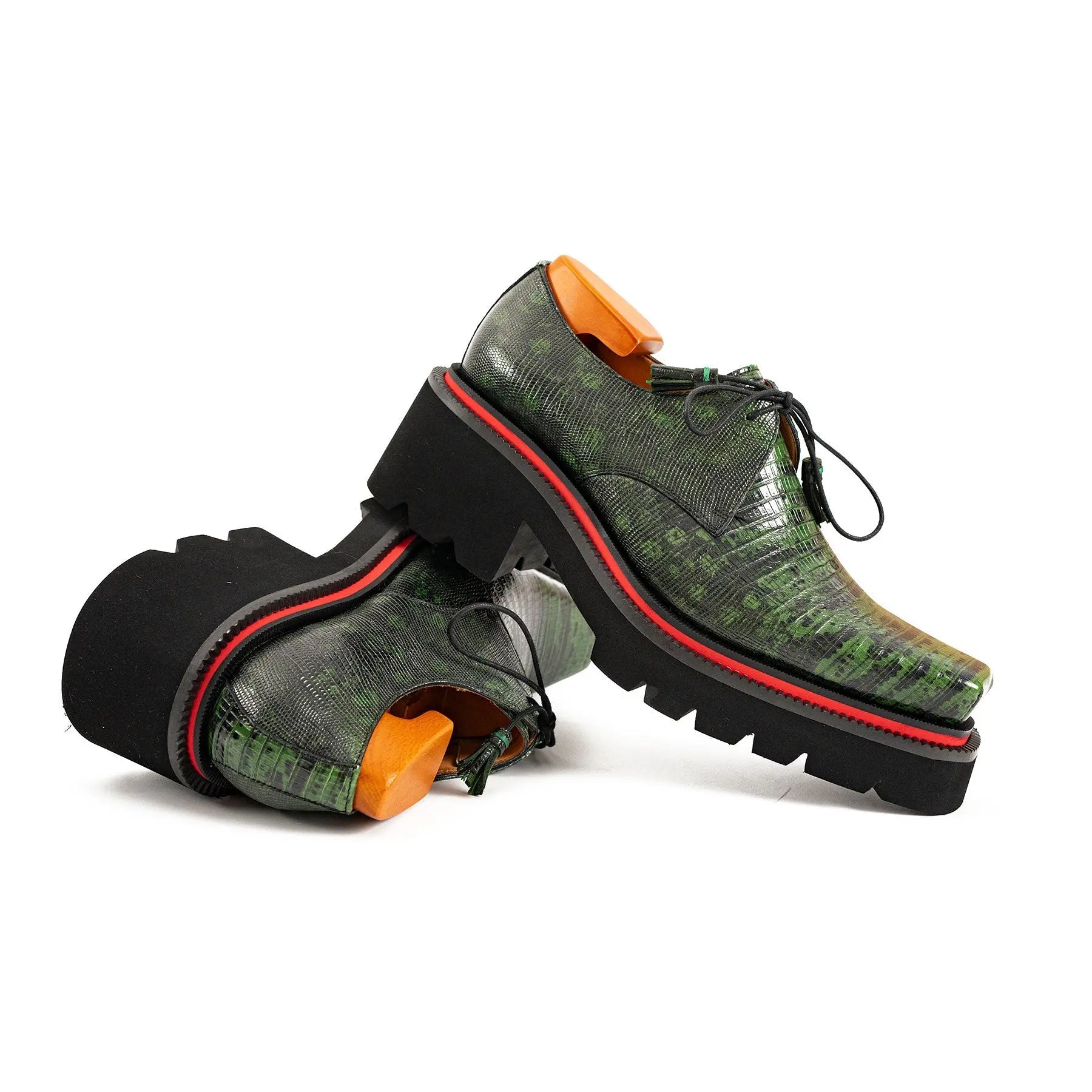 Green Lizard Leather Derby with Elevated Sole
