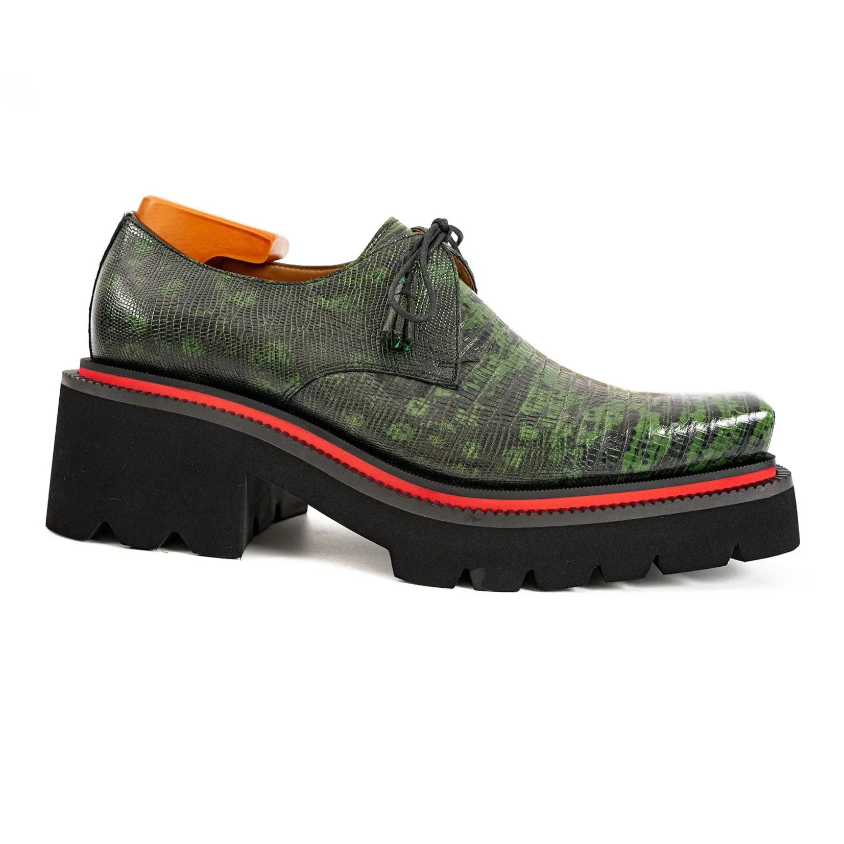 Green Lizard Leather Derby with Elevated Sole