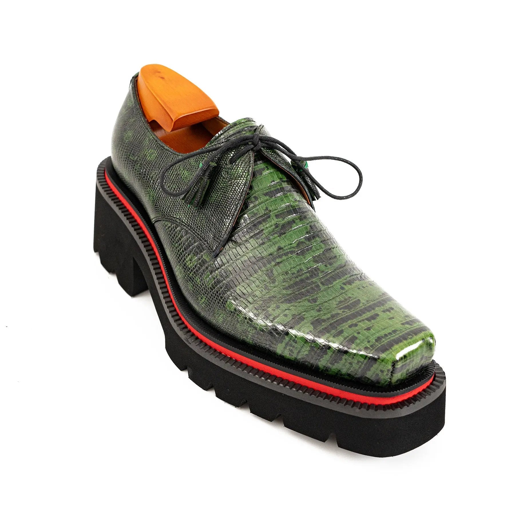 Green Lizard Leather Derby with Elevated Sole