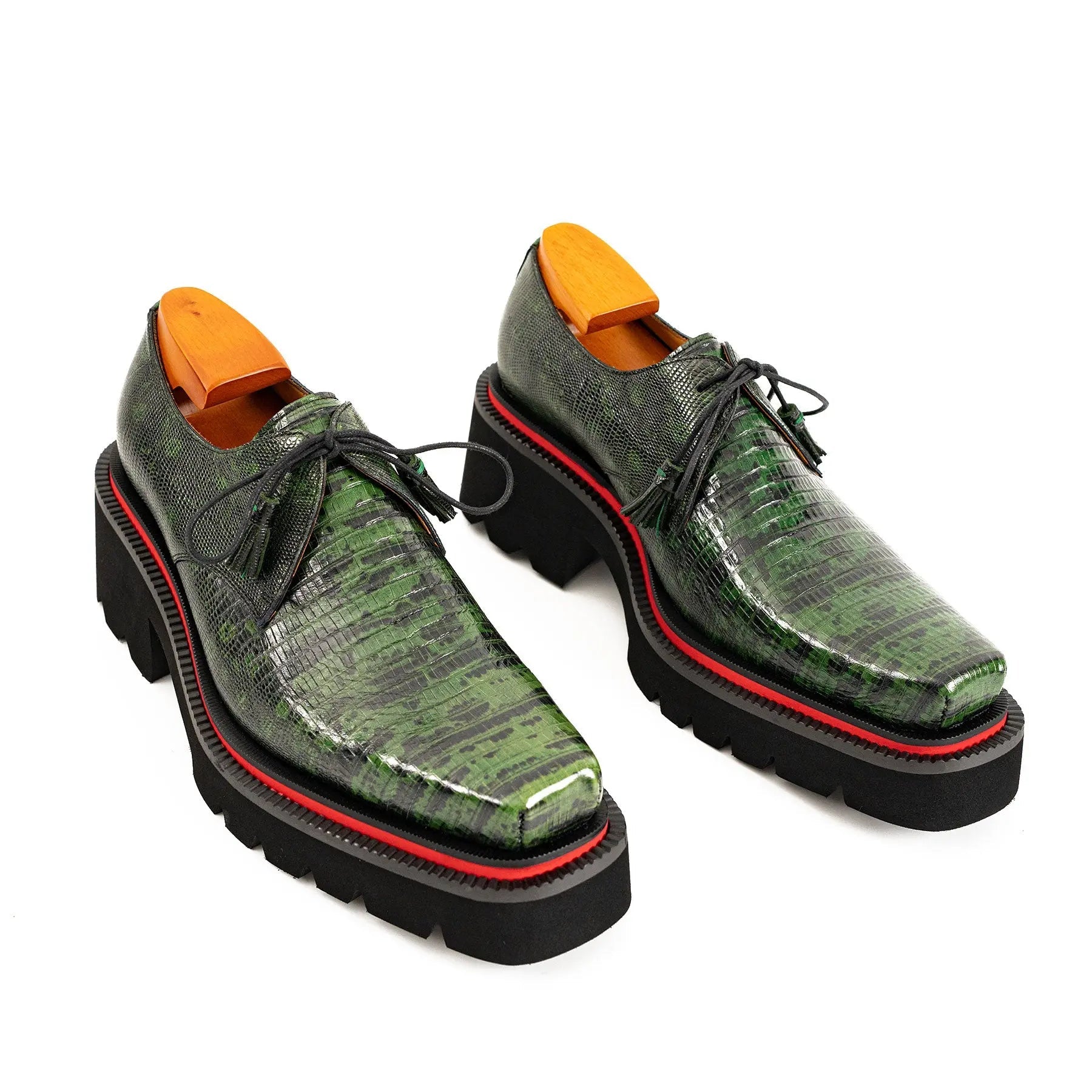Green Lizard Leather Derby with Elevated Sole