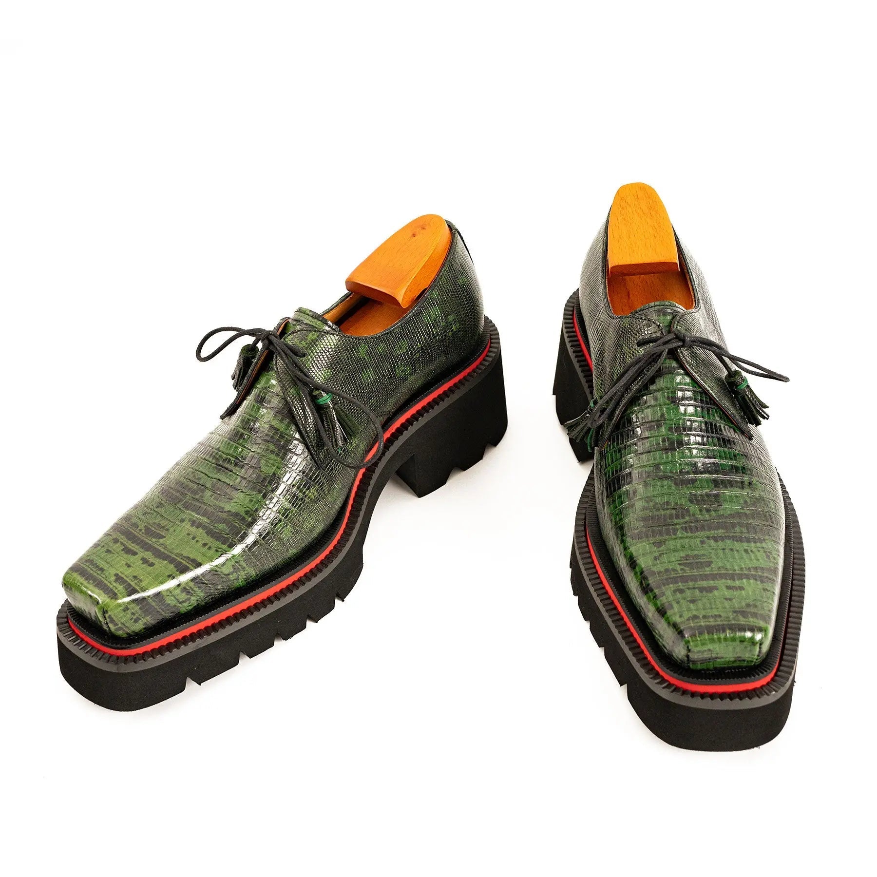 Green Lizard Leather Derby with Elevated Sole