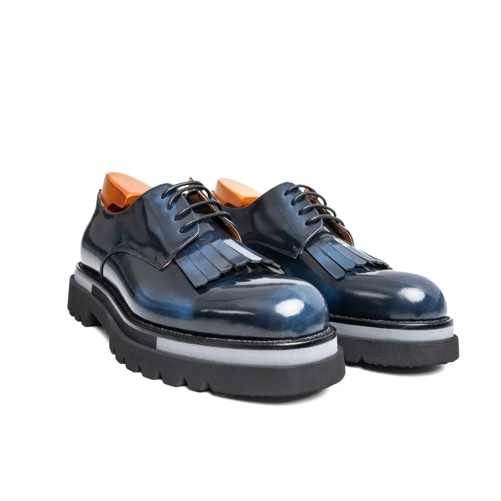 Navy Blue Patina Kiltie Derby Shoes