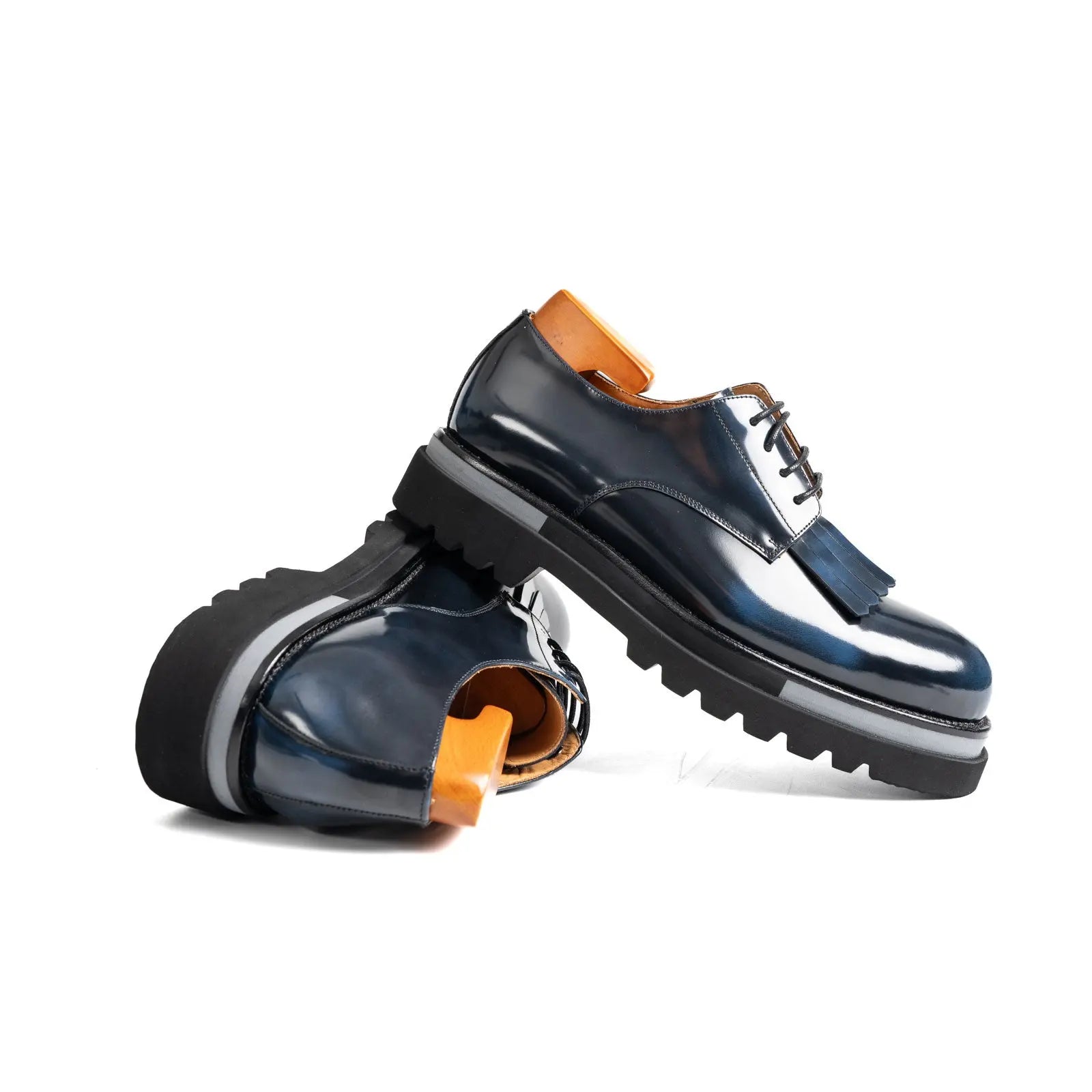 Navy Blue Patina Kiltie Derby Shoes