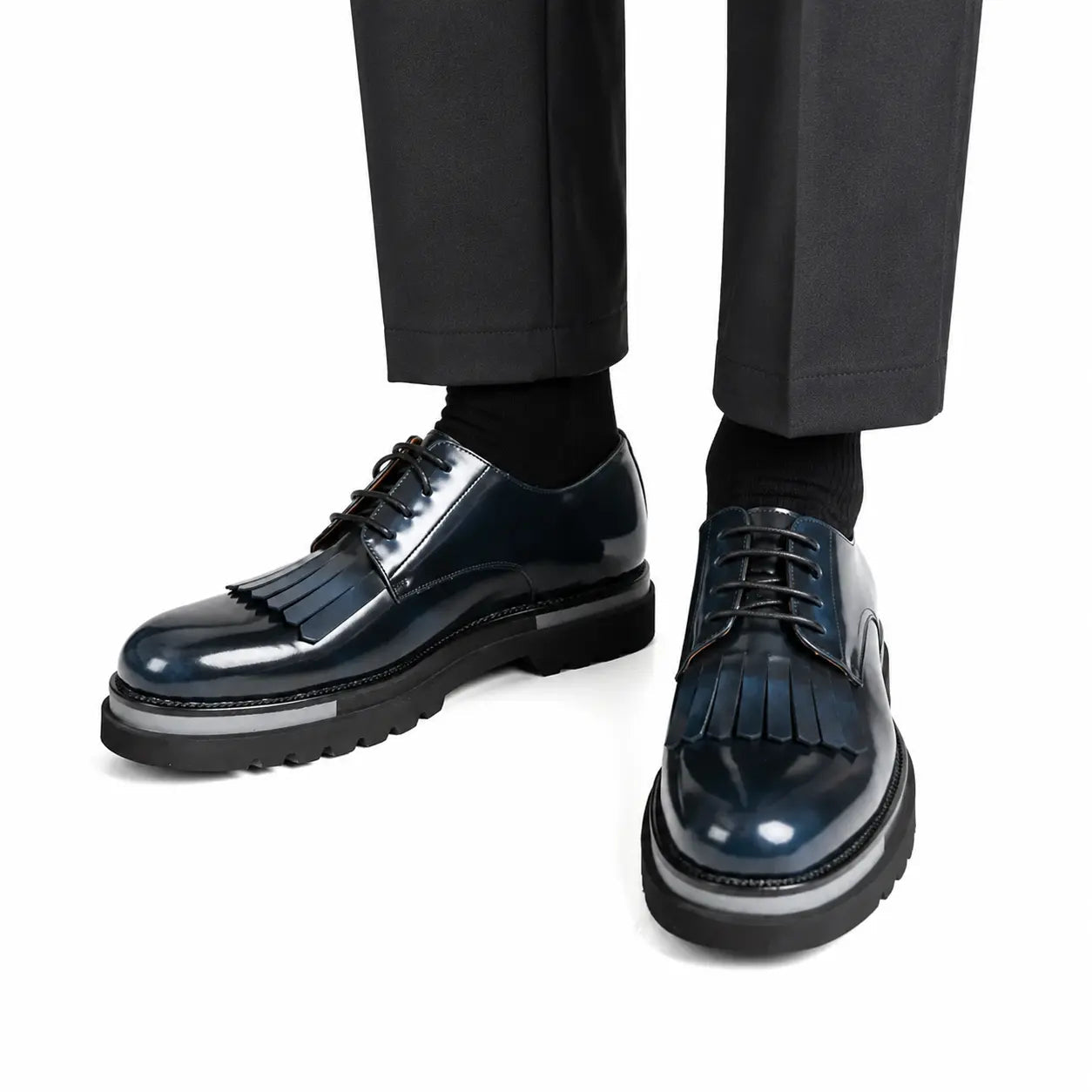 Navy Blue Patina Kiltie Derby Shoes