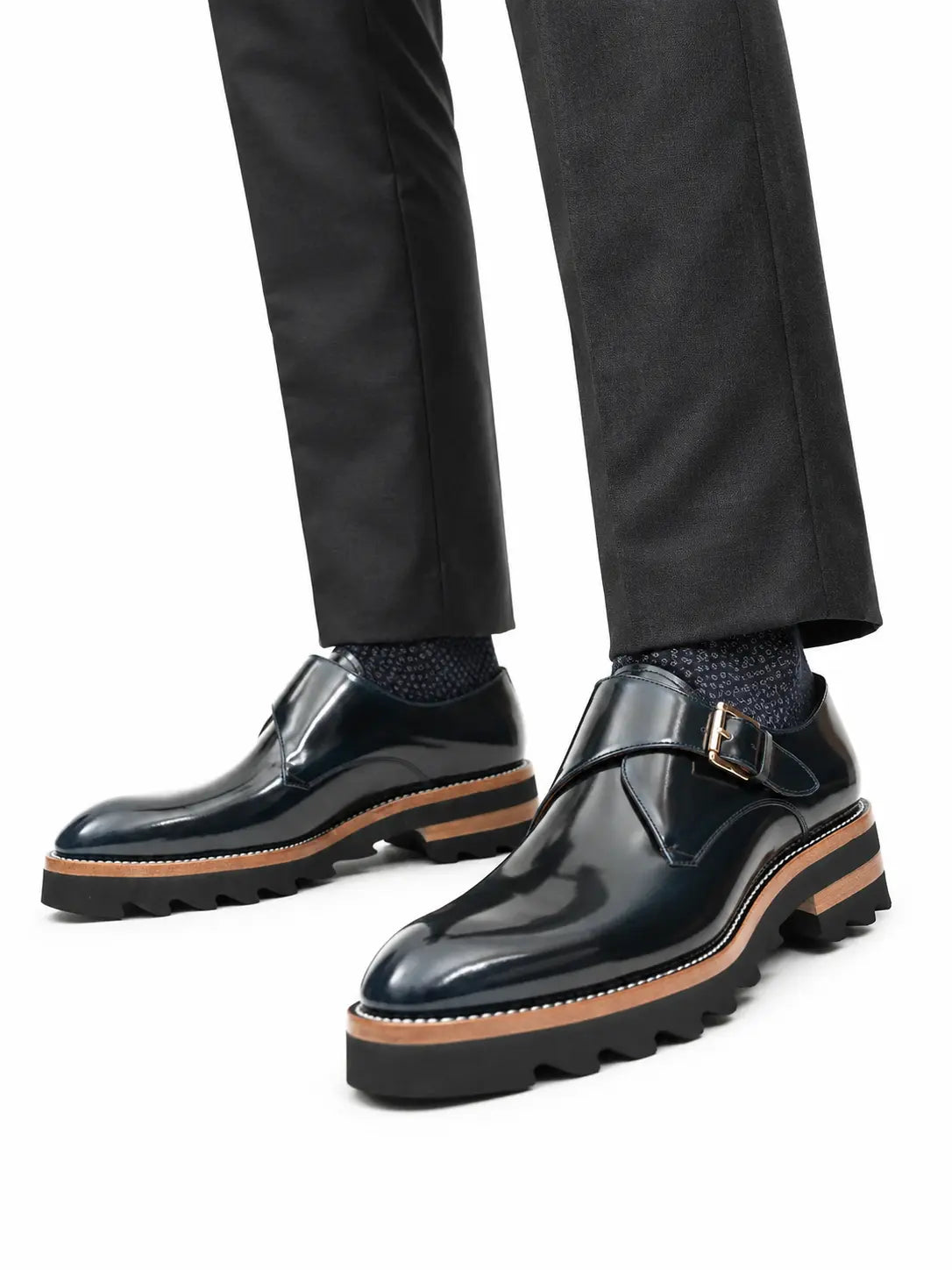 Navy Single Monk Lug Sole Shoe