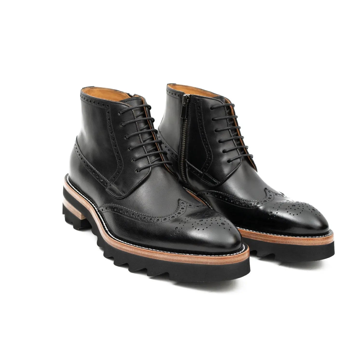 Black Brogue Lace-Up Boots with Lug Sole
