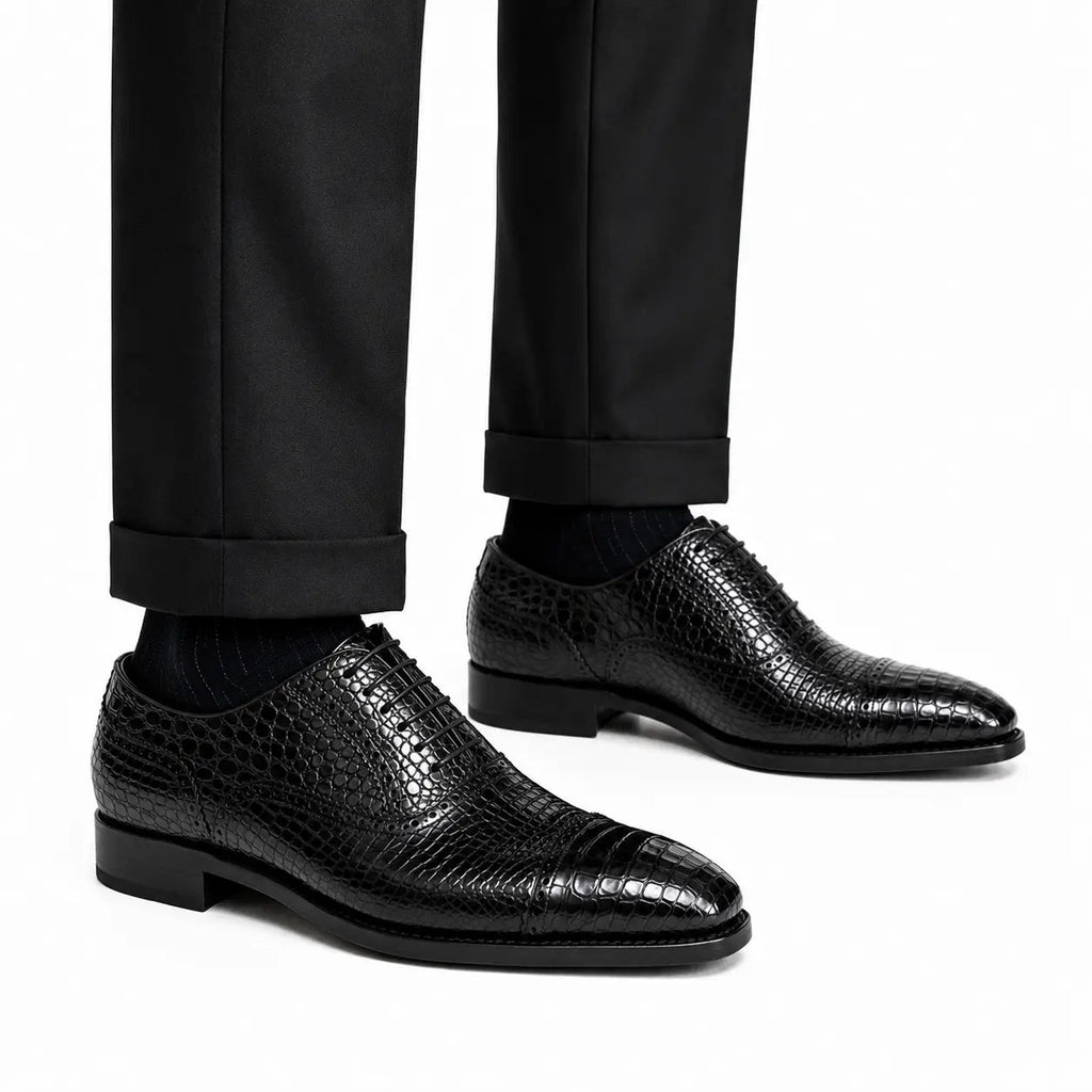 Black Croc-Textured Oxford Shoe