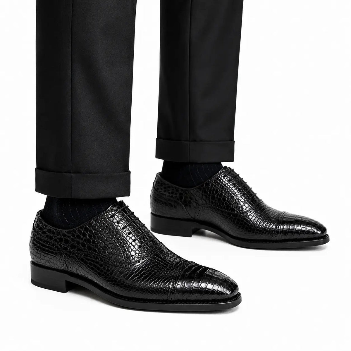 Black Croc-Textured Oxford Shoe