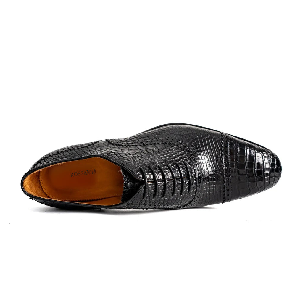 Black Croc-Textured Oxford Shoe
