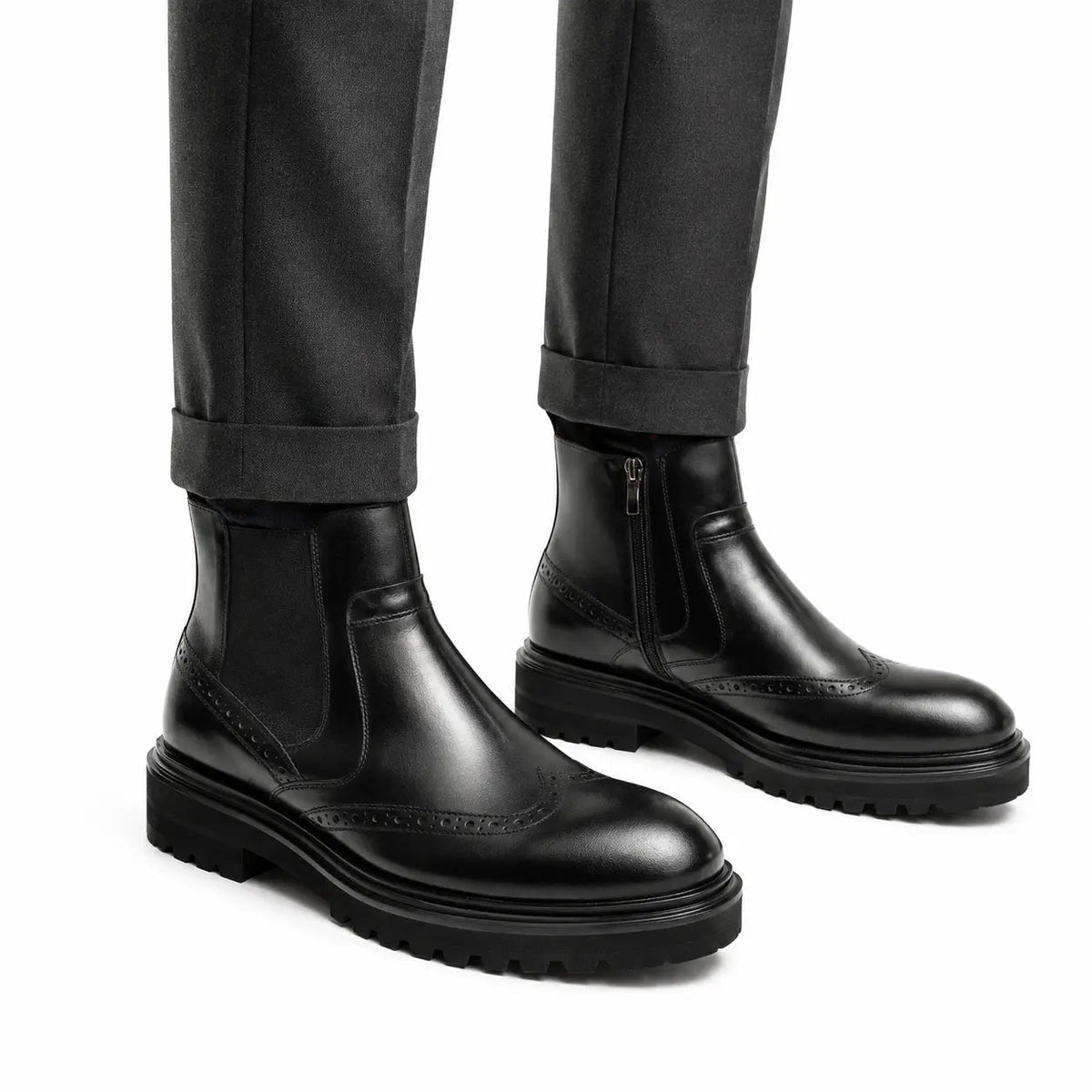 Black Brogued Chelsea Boots with Lug Sole