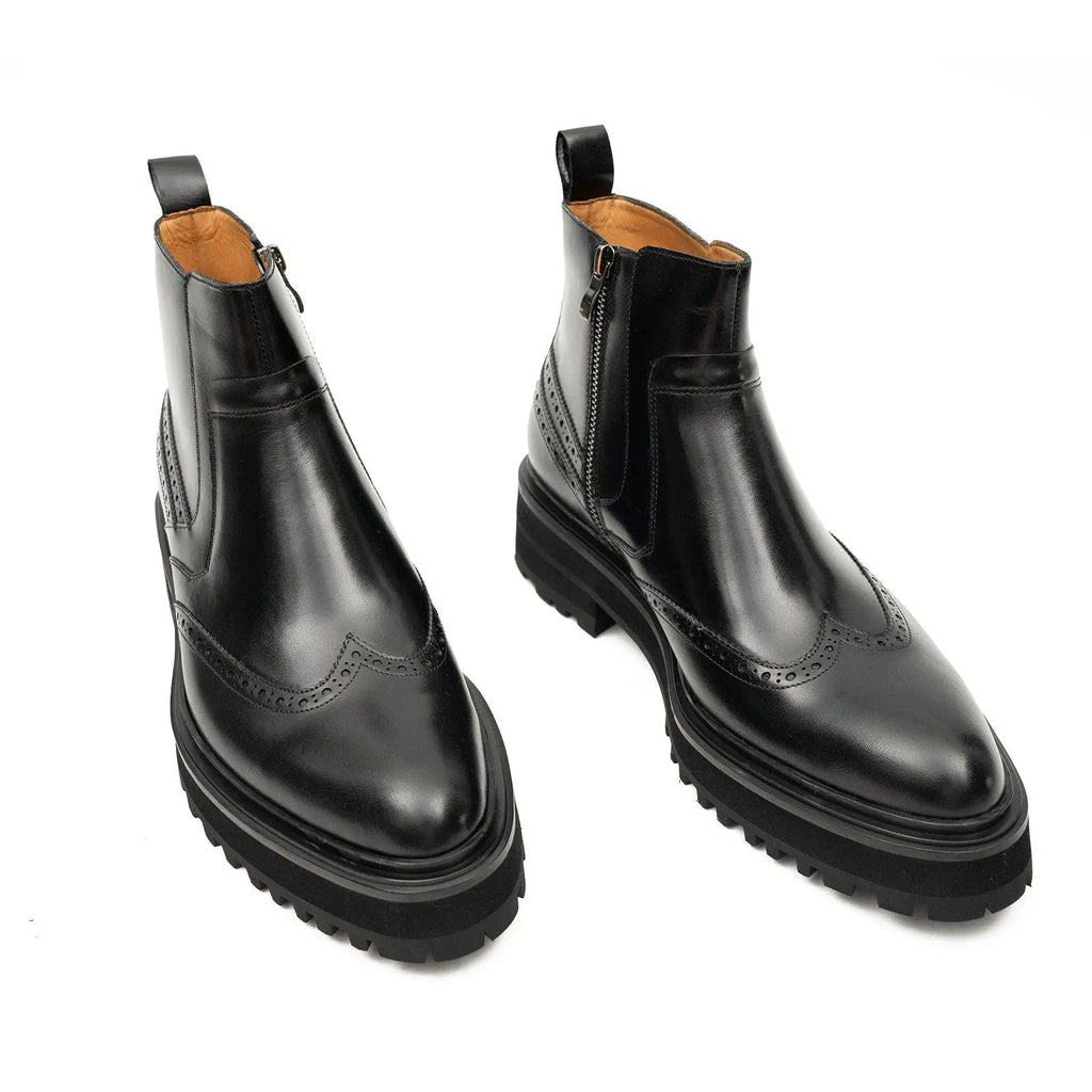 Black Brogued Chelsea Boots with Lug Sole