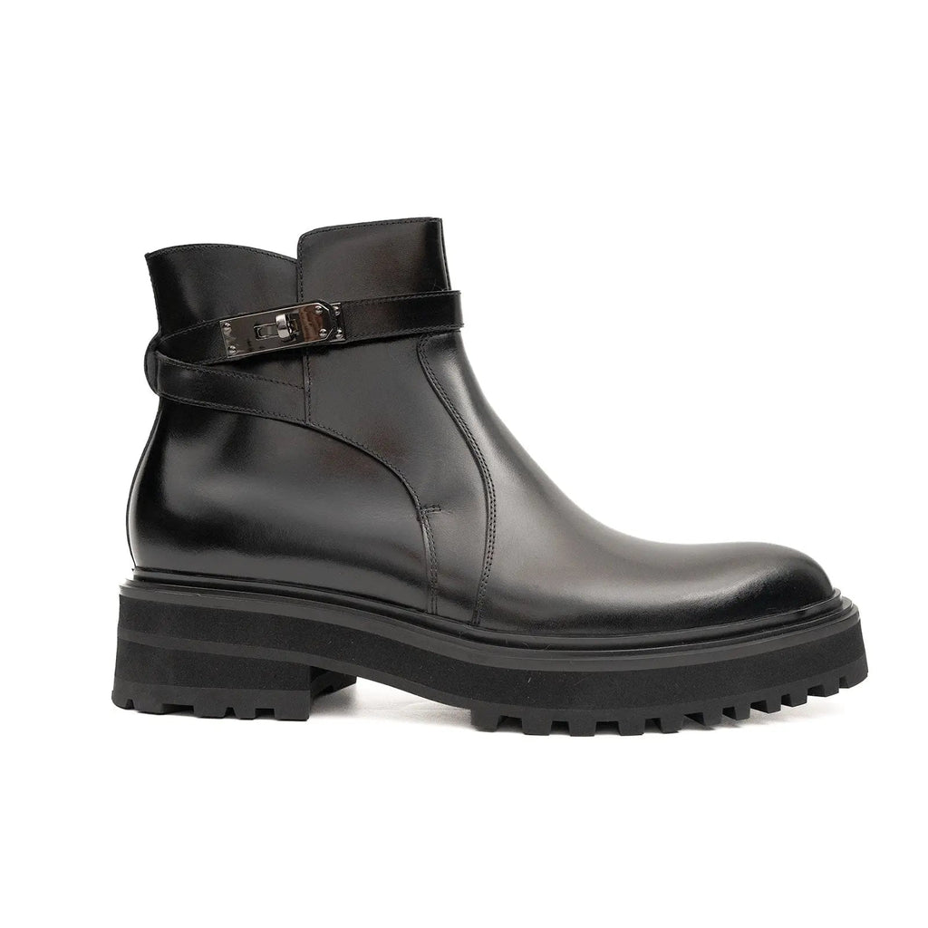 Black Leather Buckle Chelsea Boots