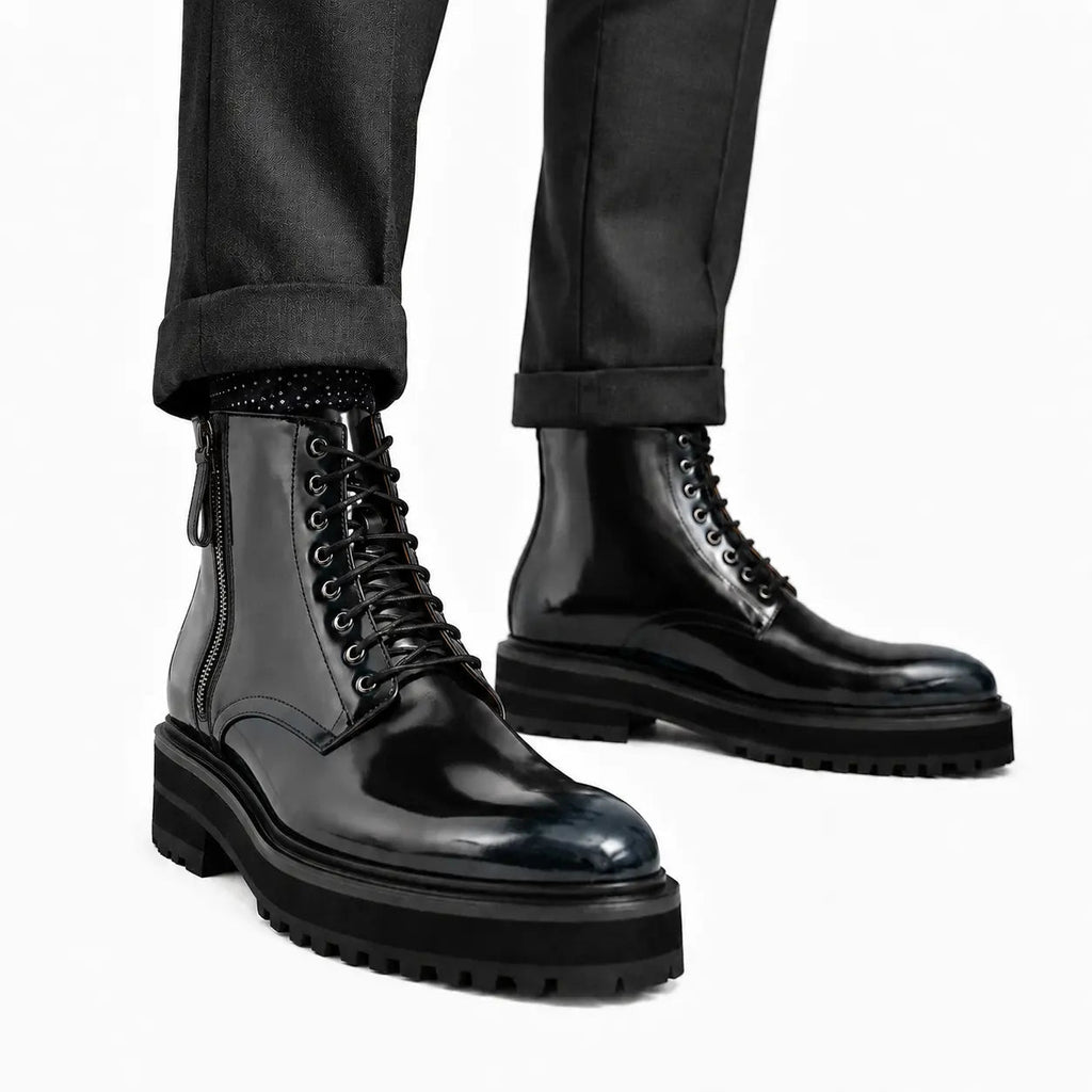 Black Polished Lace-Up Lug Boots