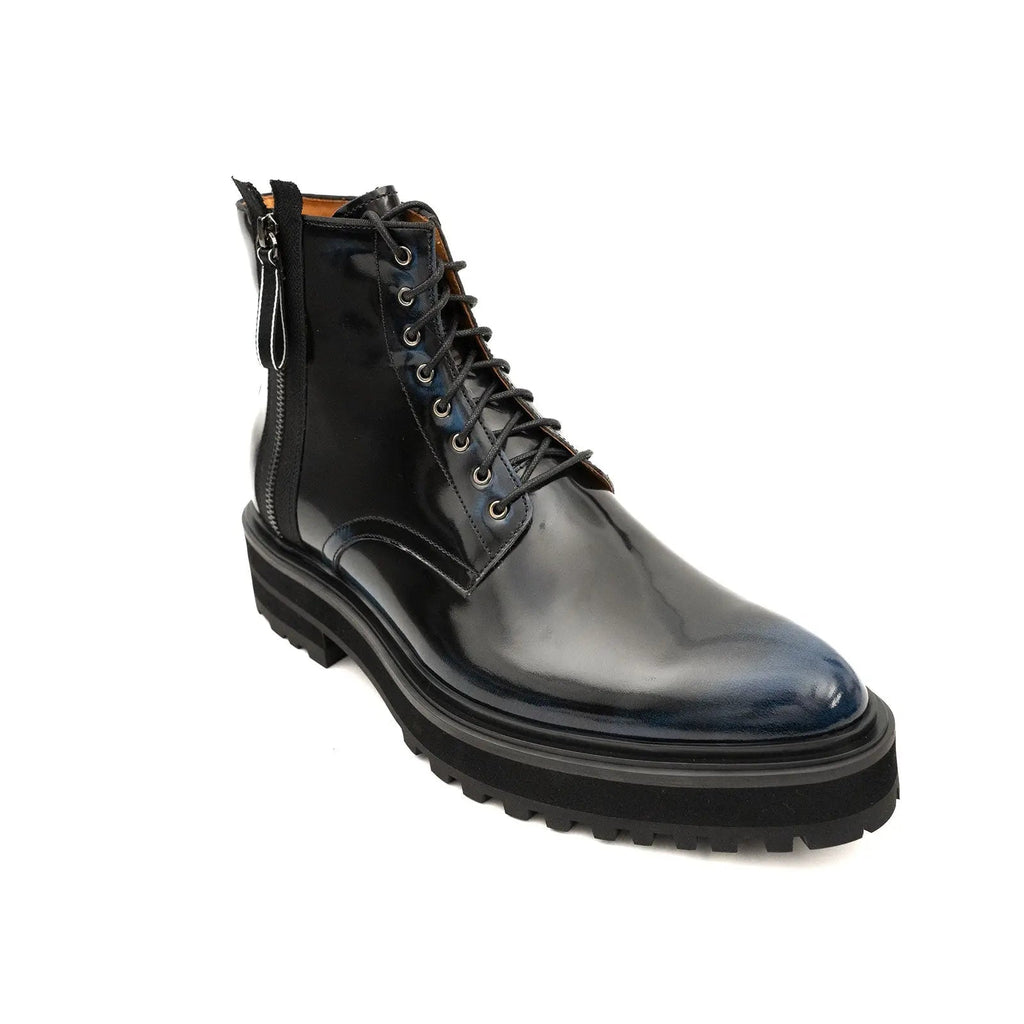 Black Polished Lace-Up Lug Boots