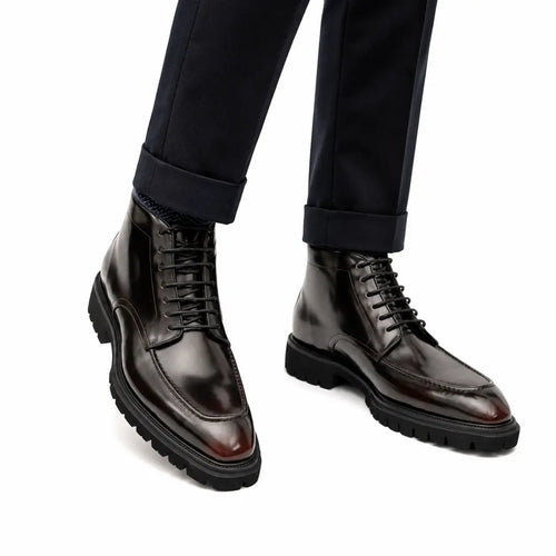 Black Apron-Toe Lace-Up Boots
