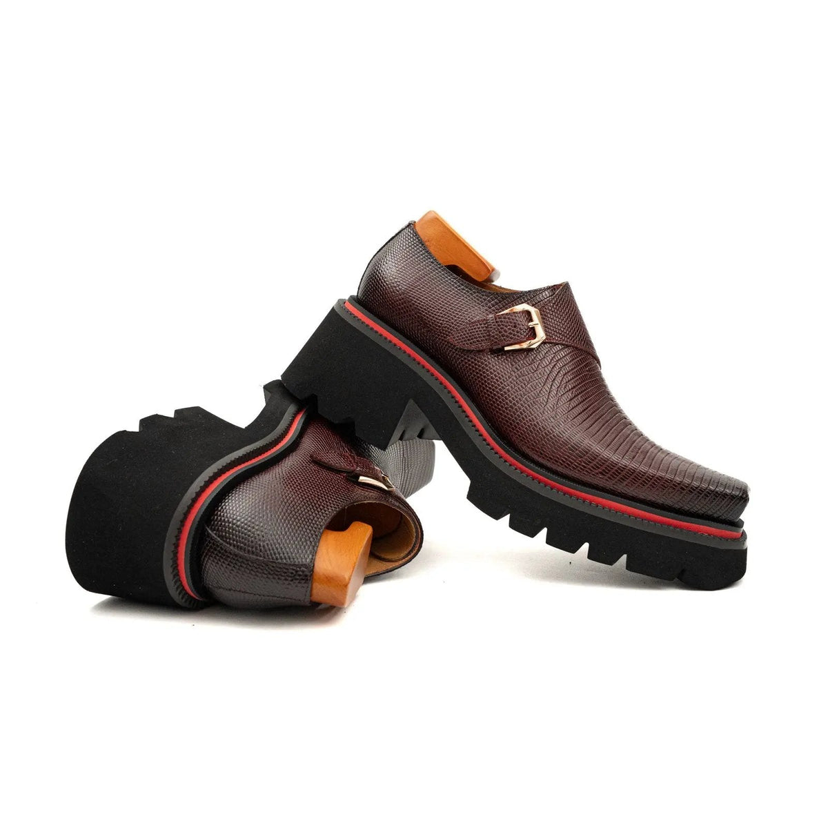 Brown Textured Monk Shoes with Lug Sole