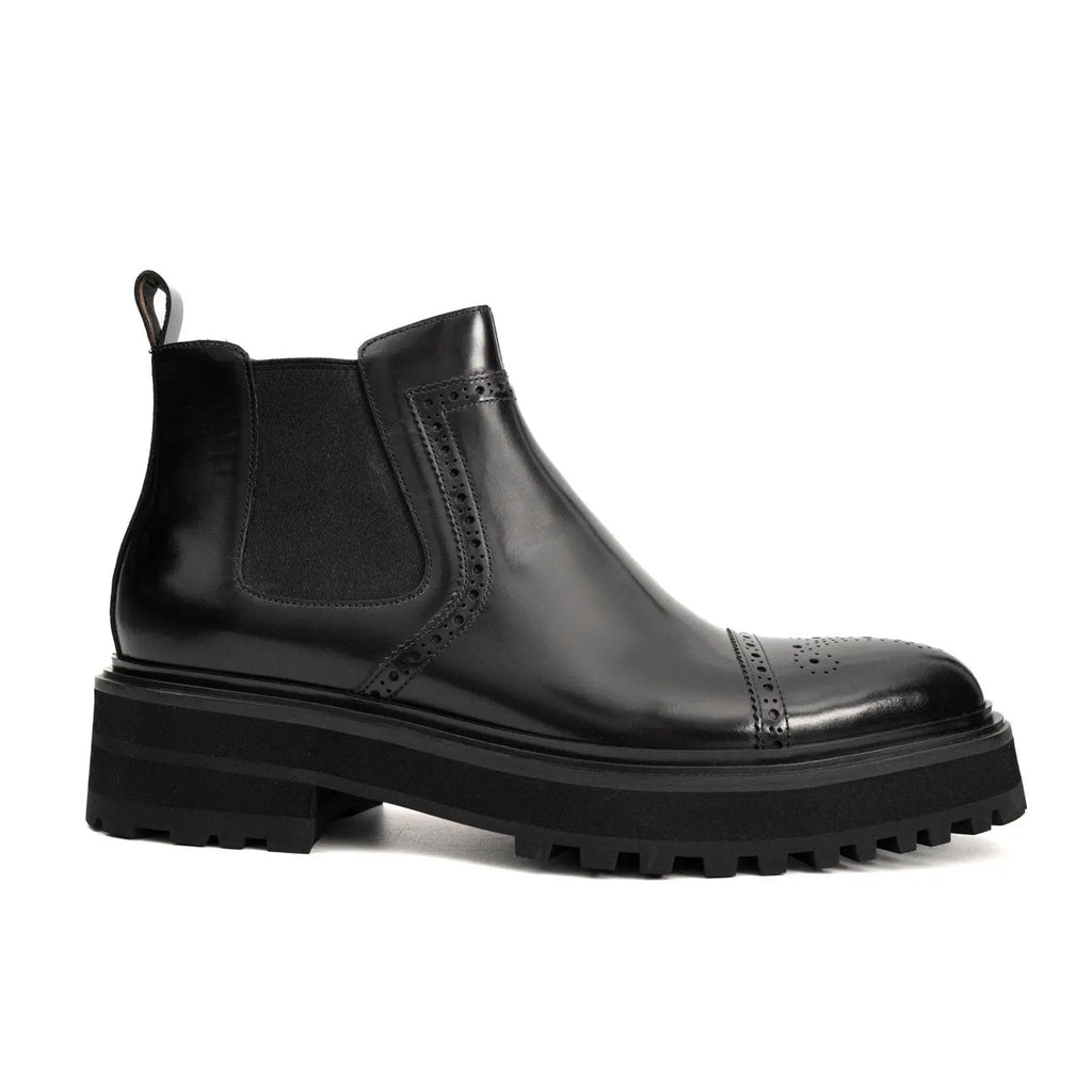 Black Brogued Chelsea Boots with Lug Sole