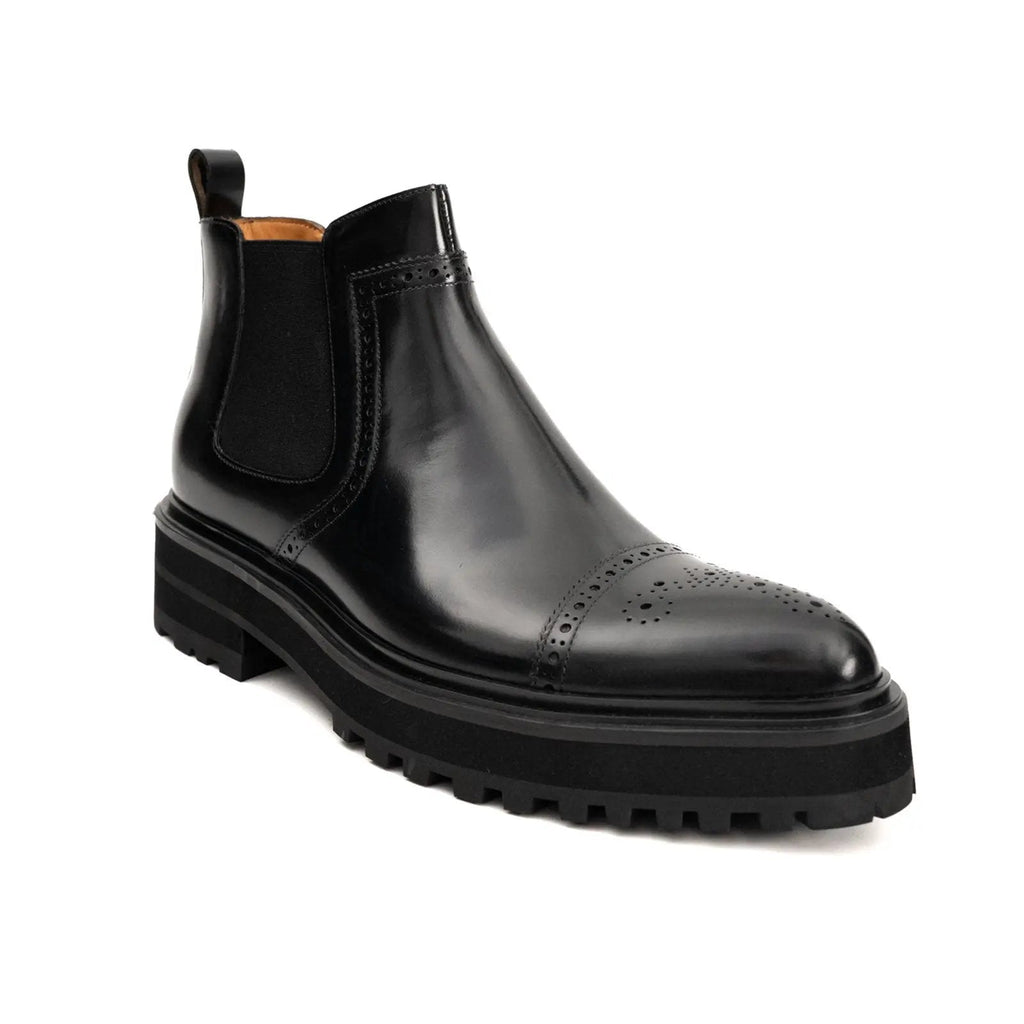 Black Brogued Chelsea Boots with Lug Sole