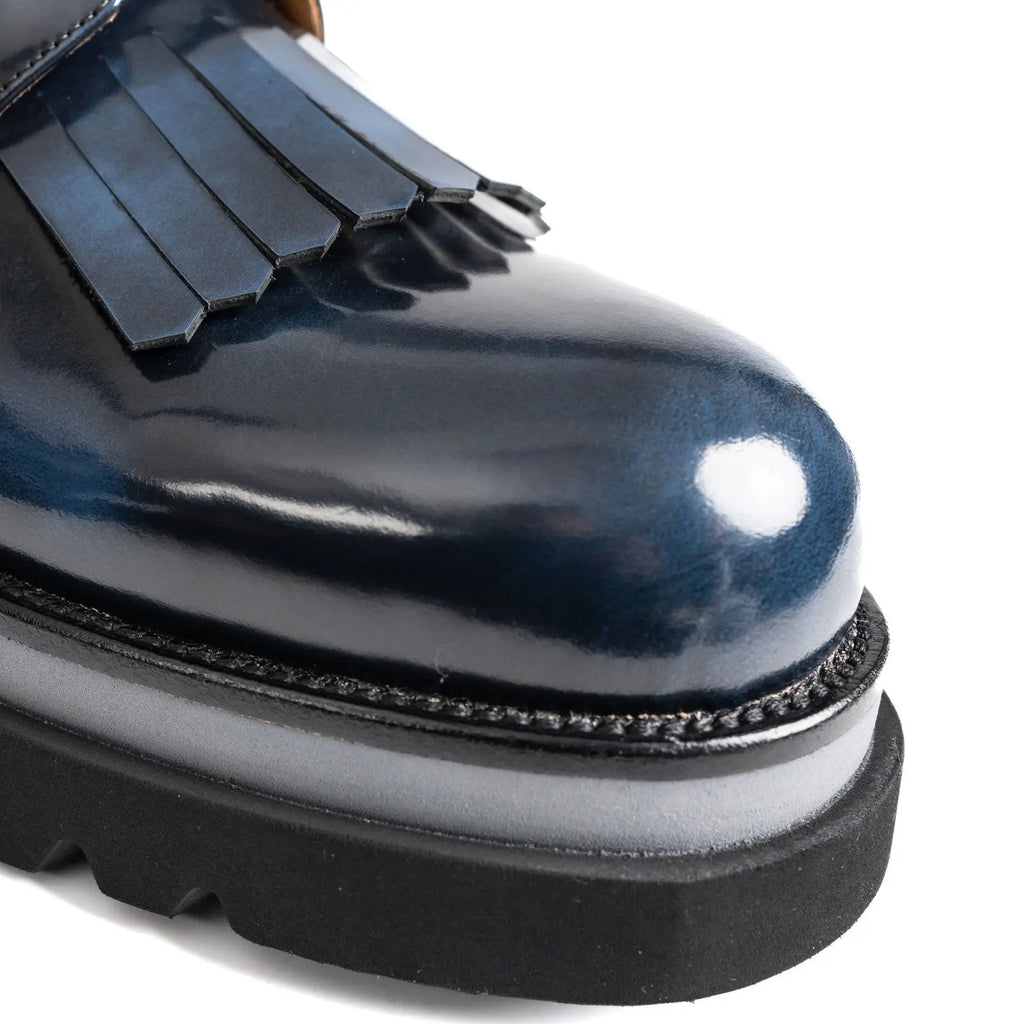 Navy Blue Patina Kiltie Derby Shoes