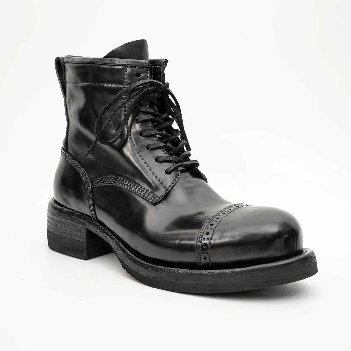 Black Horsehide Cap-Toe Combat Boots