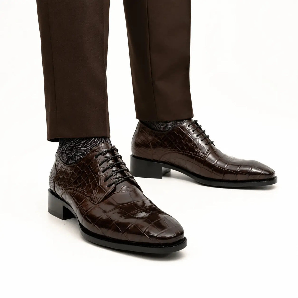 Dark Brown Crocodile-Textured Derby