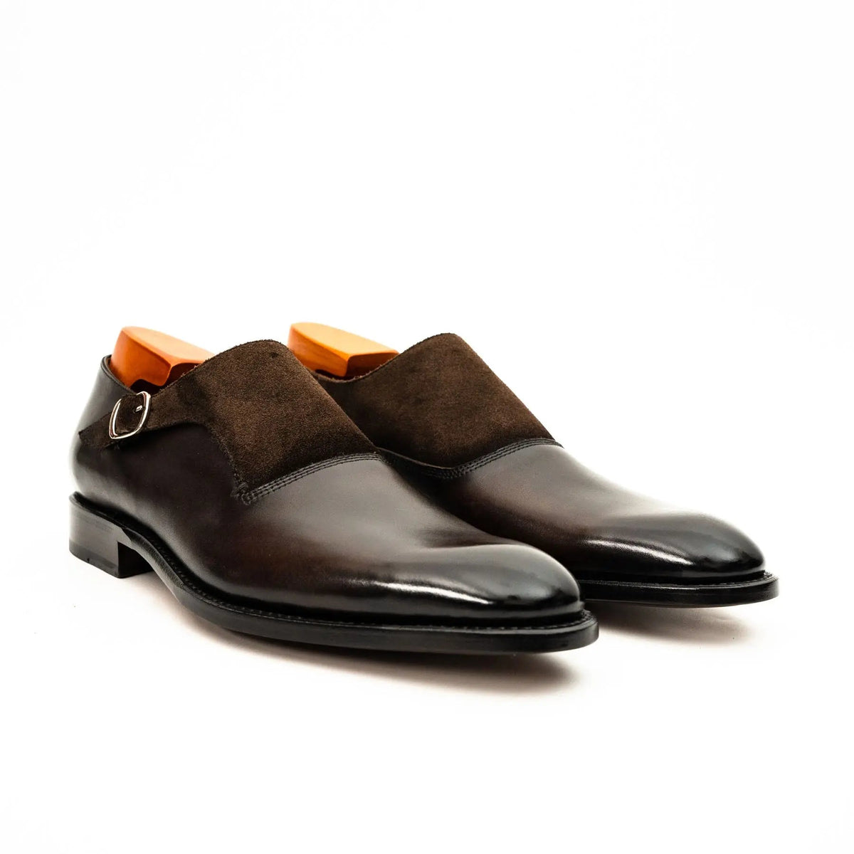 Dark Brown Suede-Panel Monk Shoe