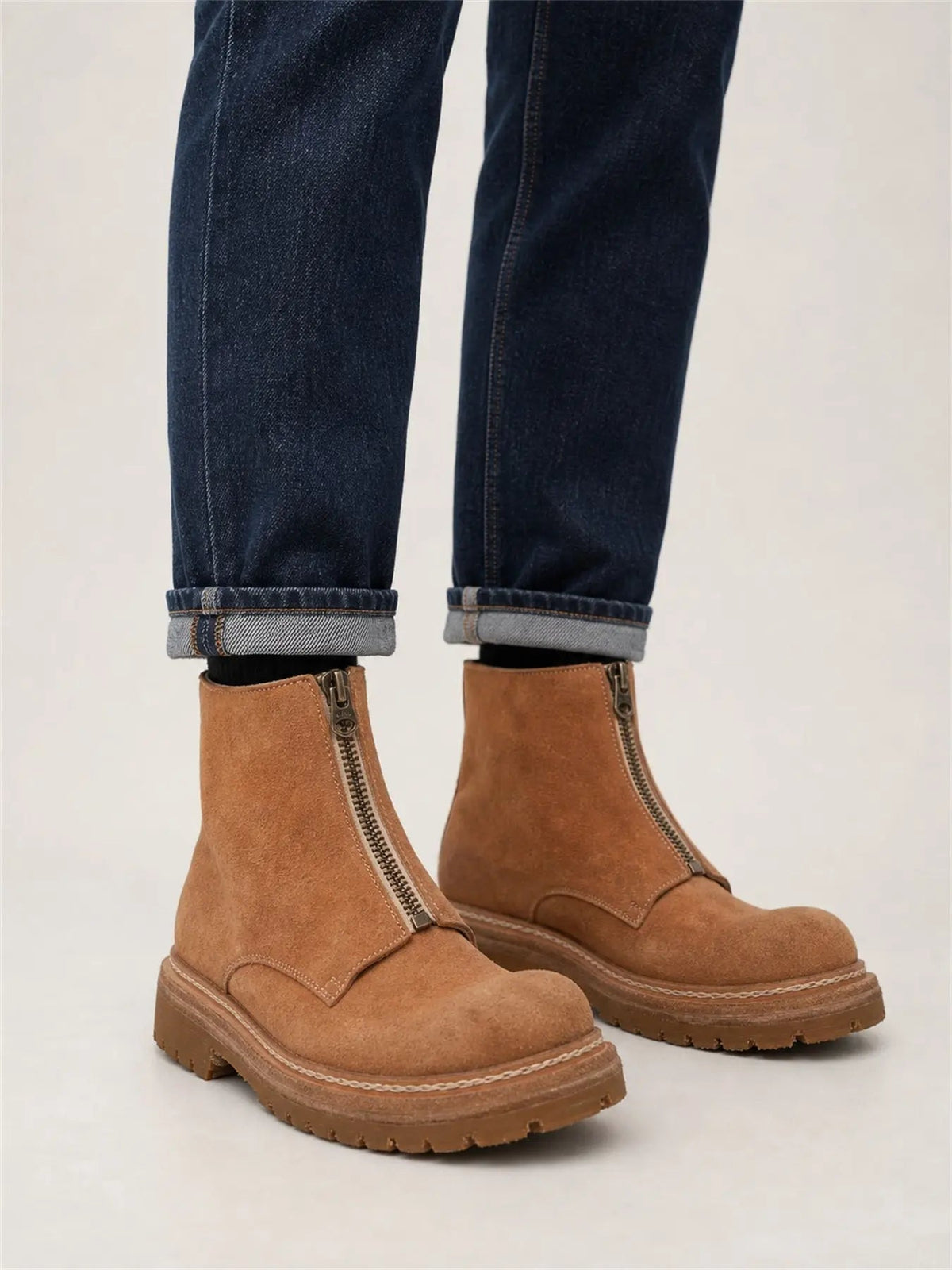Camel Suede Zip Ankle Boots for Men