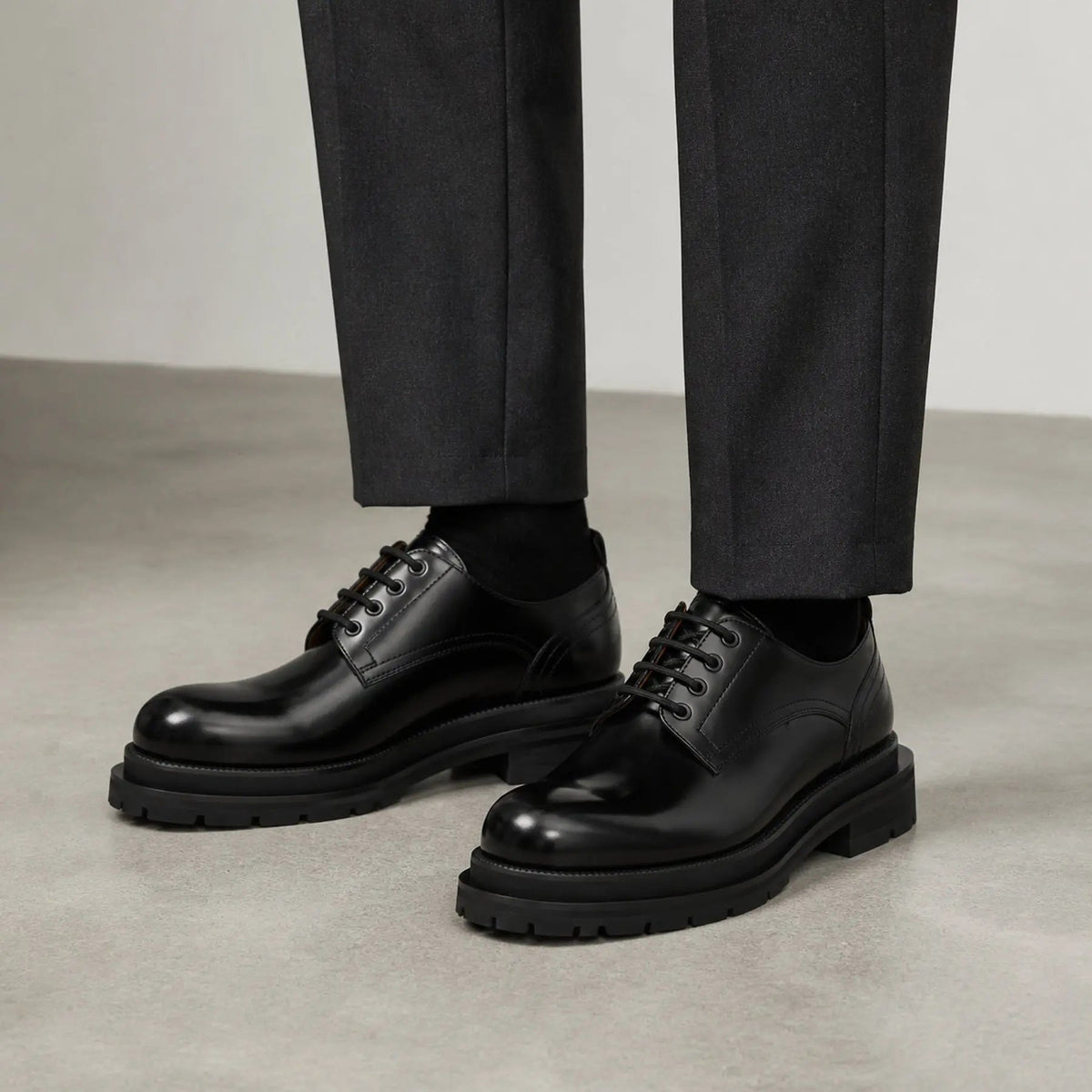 Black Polished Lug Sole Derby Shoes