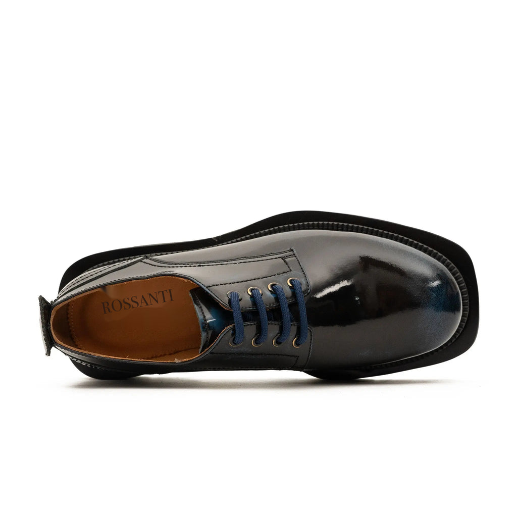 Black Blue Patent Derby with Green Lug Sole