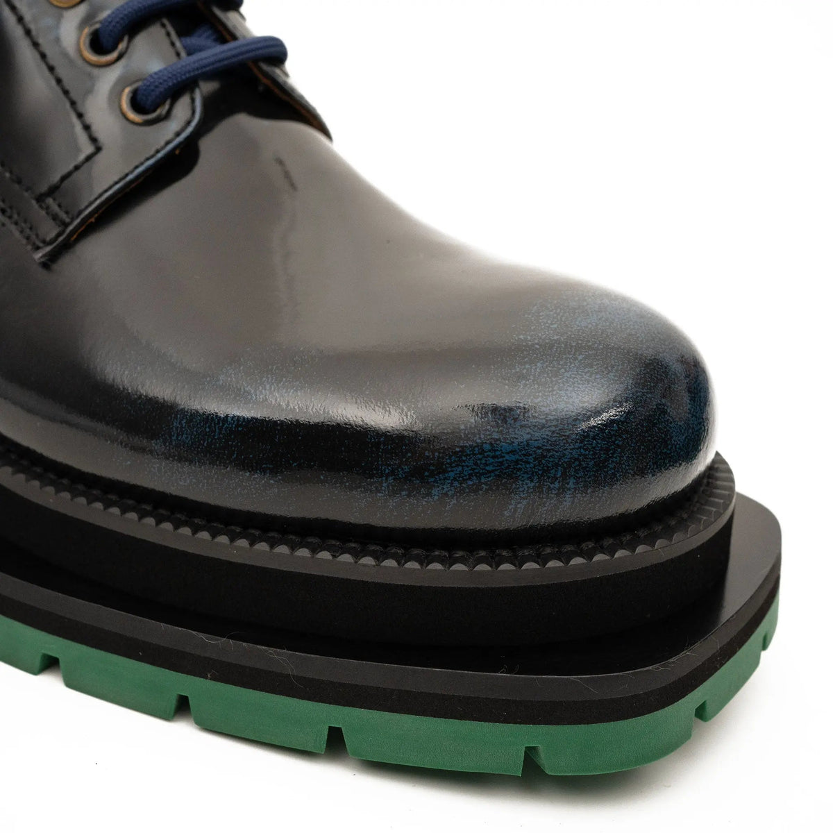 Black Blue Patent Derby with Green Lug Sole