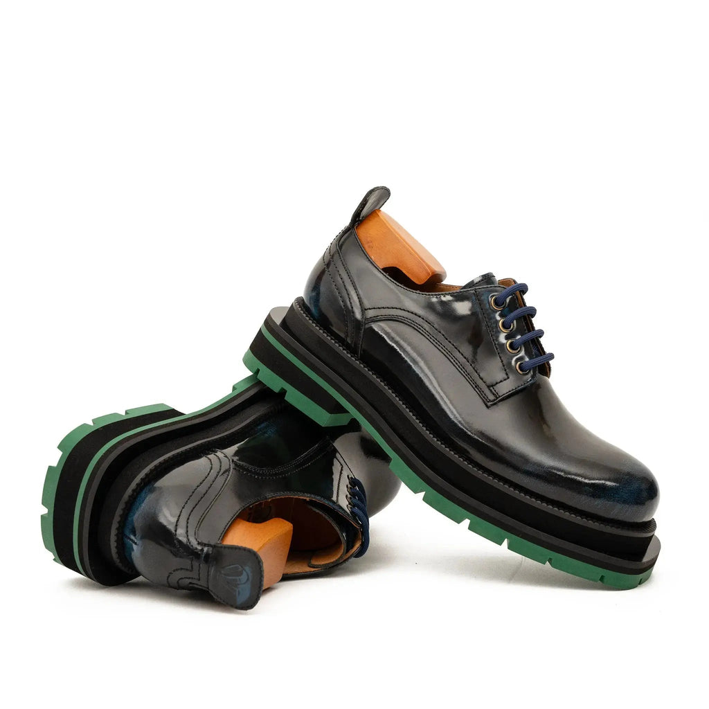 Black Blue Patent Derby with Green Lug Sole