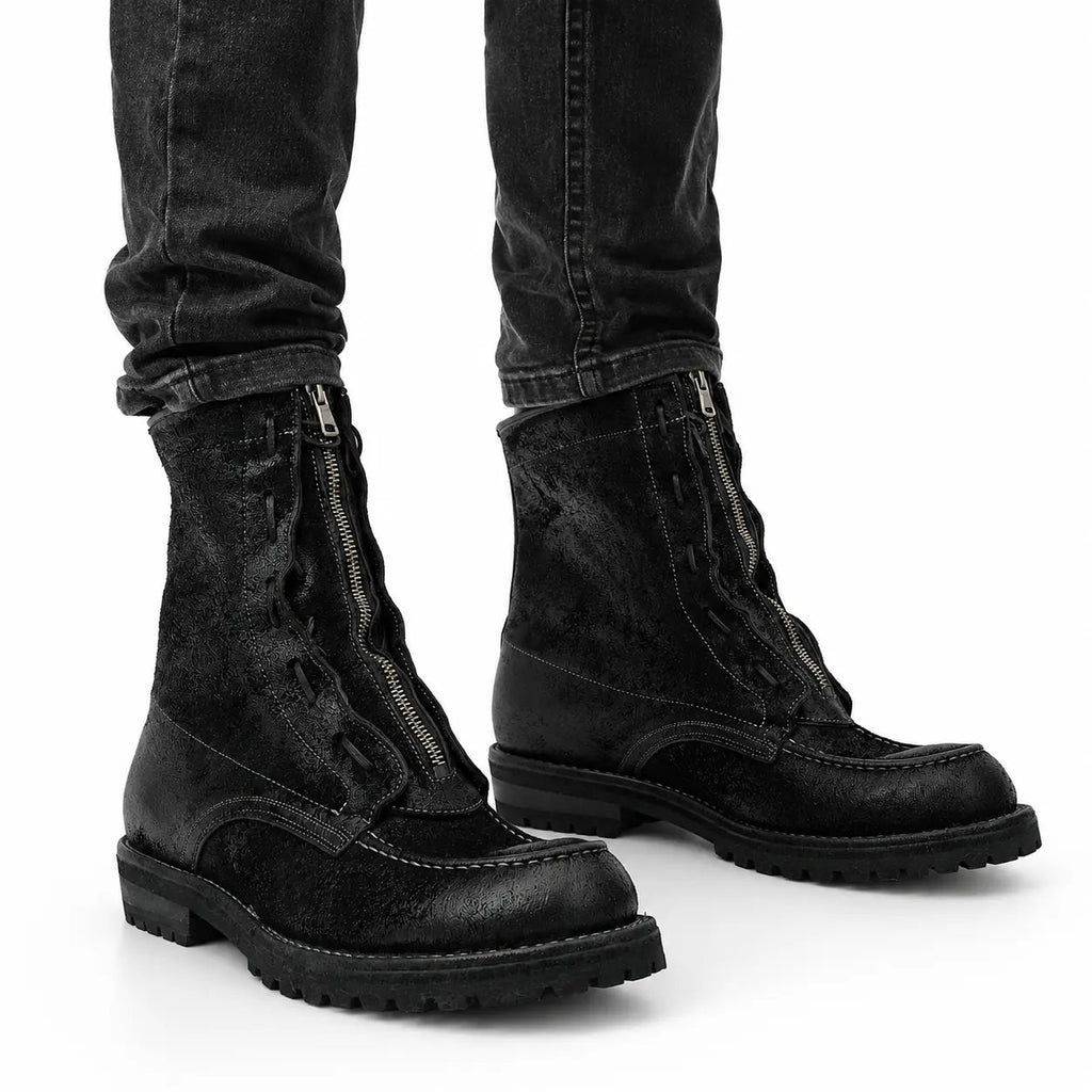 Black Textured Zip Lace-Up Boots