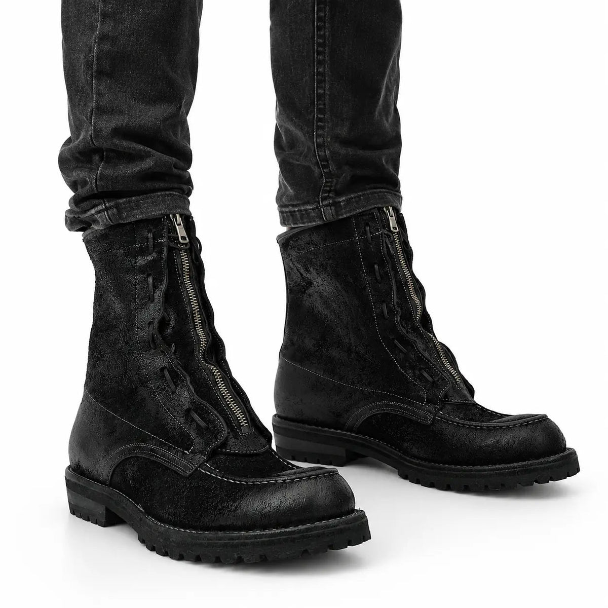 Black Textured Zip Lace-Up Boots