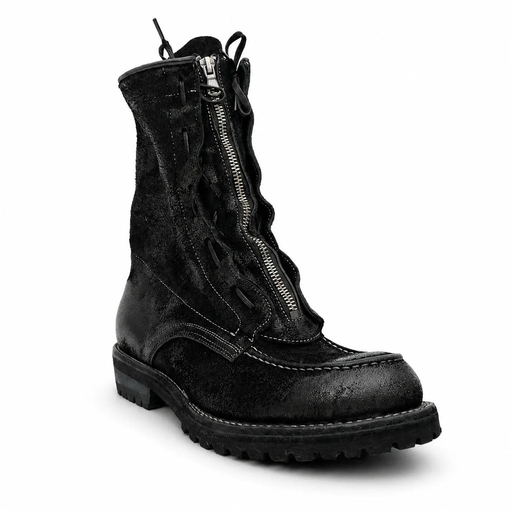 Black Textured Zip Lace-Up Boots