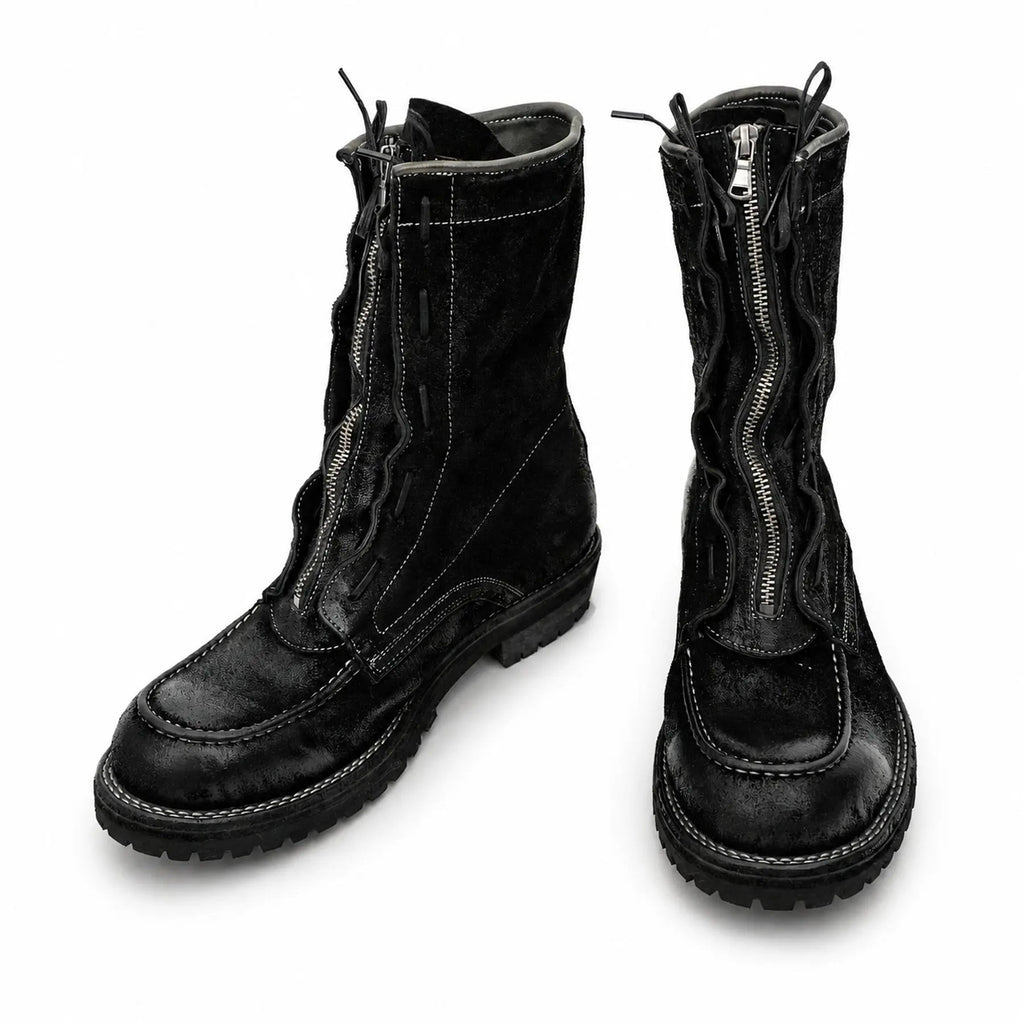 Black Textured Zip Lace-Up Boots